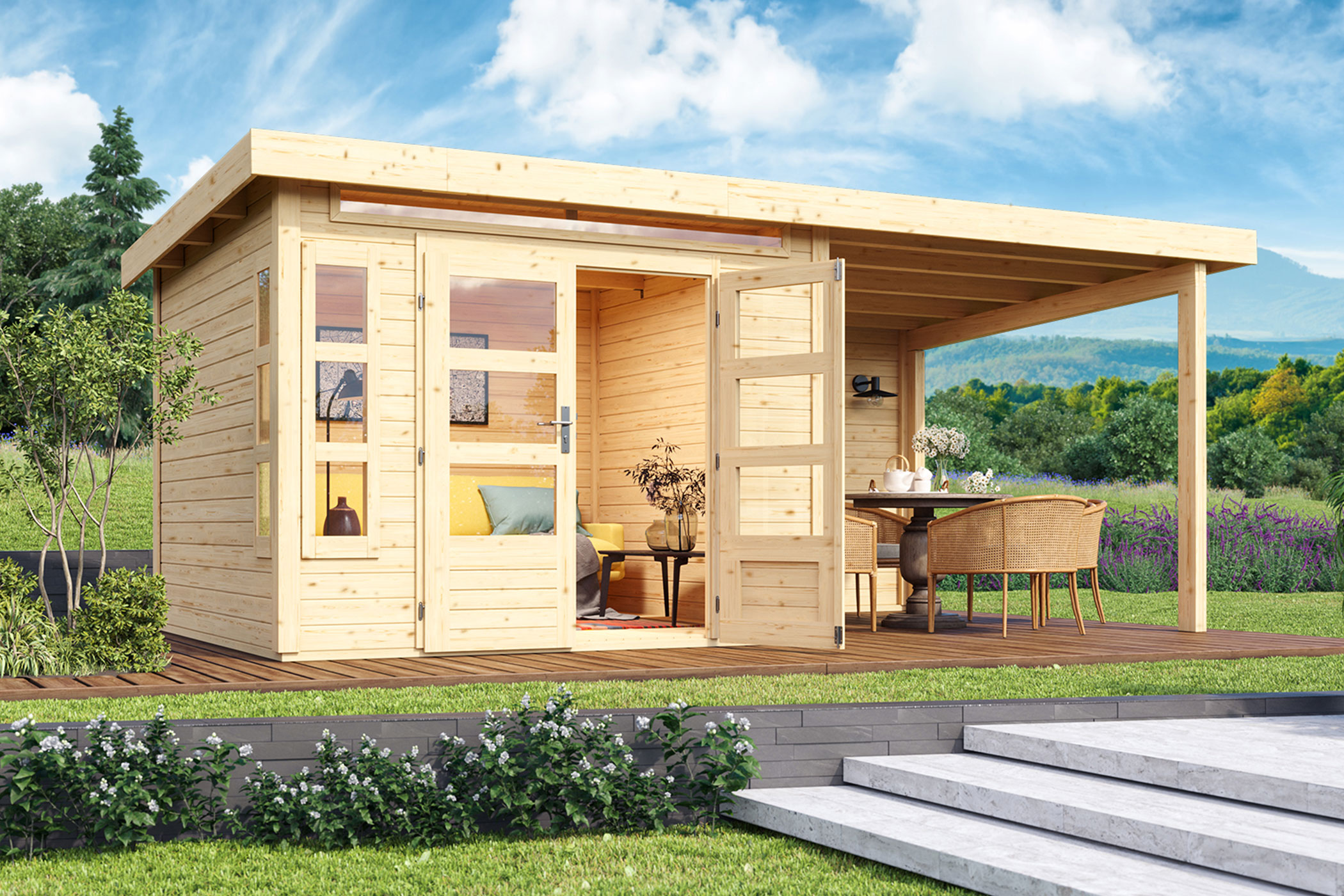 Karibu Gartenhaus Kastorf 6 in Naturbelassen und Anbaudach im Garten