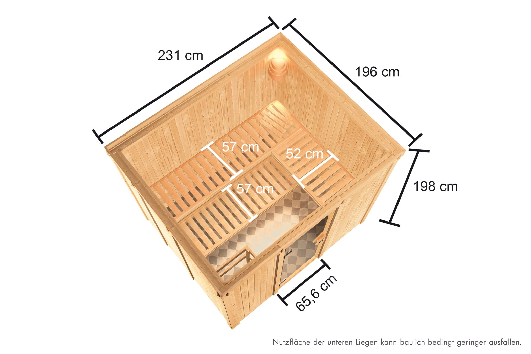 Maßzeichnung der Karibu Sauna Nybro mit Außenmaß 231 × 196 cm und Höhe 198 cm