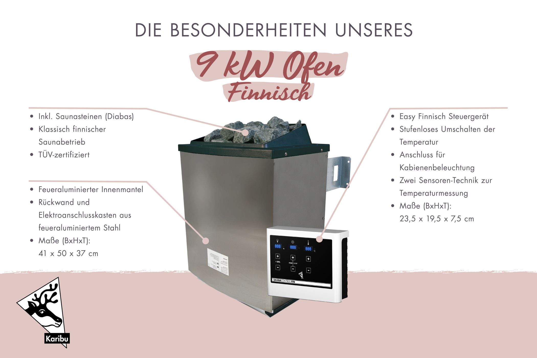 Finnischer Saunaofen mit 9 kW und Edelstahlmantel inklusive Diabas-Saunasteinen für Karibu Saunen