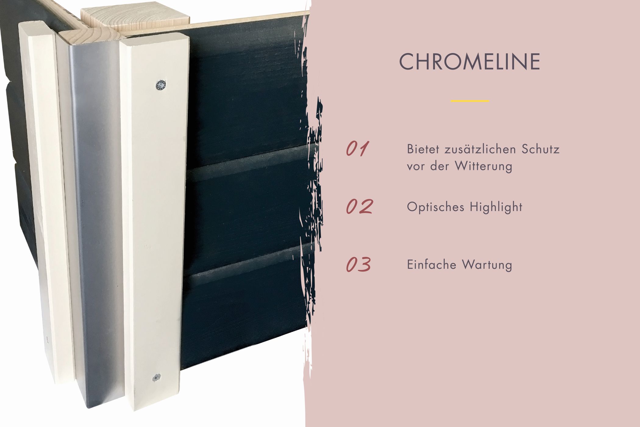 Chromeline-Metallblenden als witterungsbeständige Zierleisten für die Ecken der Karibu Gartensauna