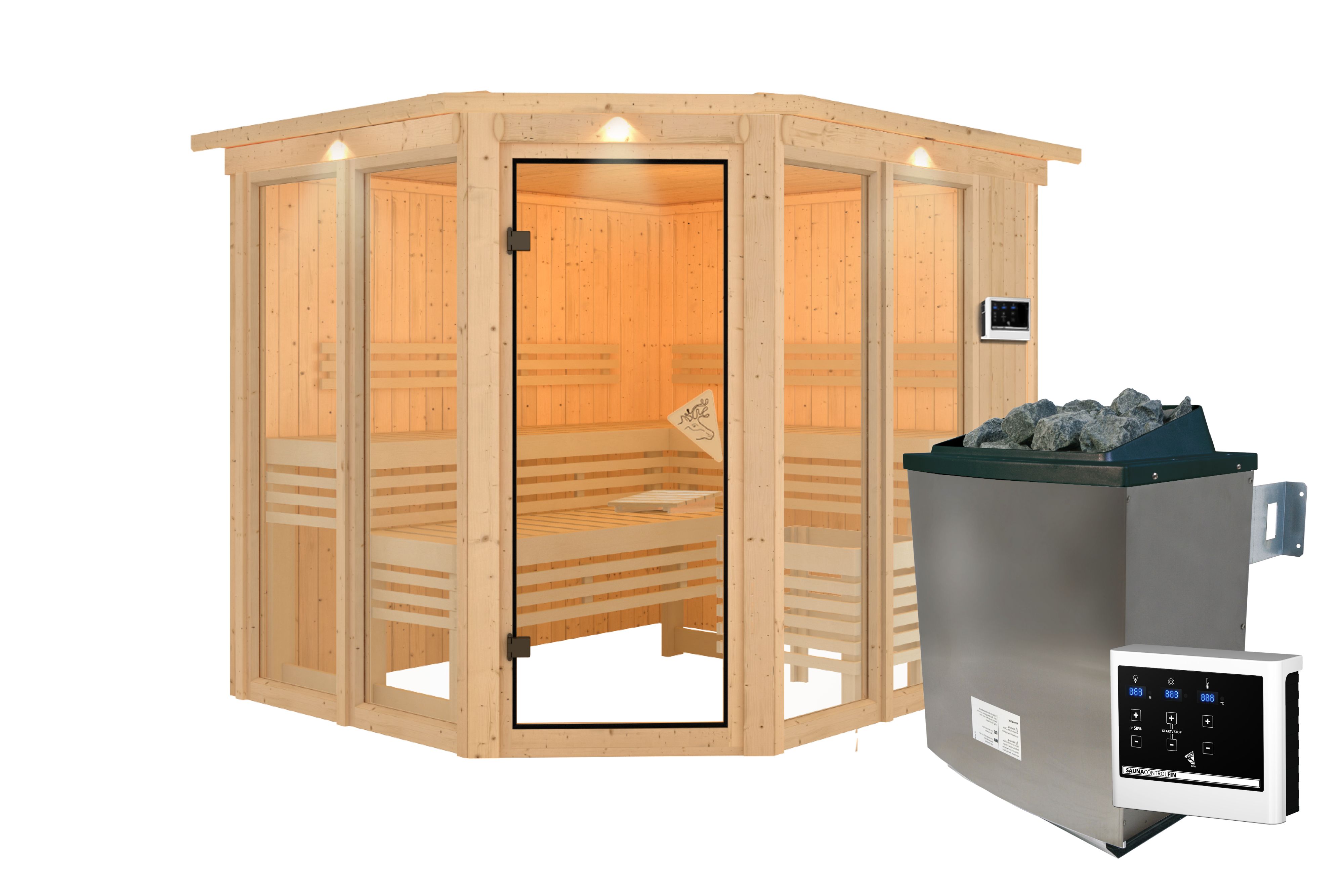 Innenansicht der Karibu Sauna Ainur mit Liegen und Kopfstütze aus hellem Espenholz