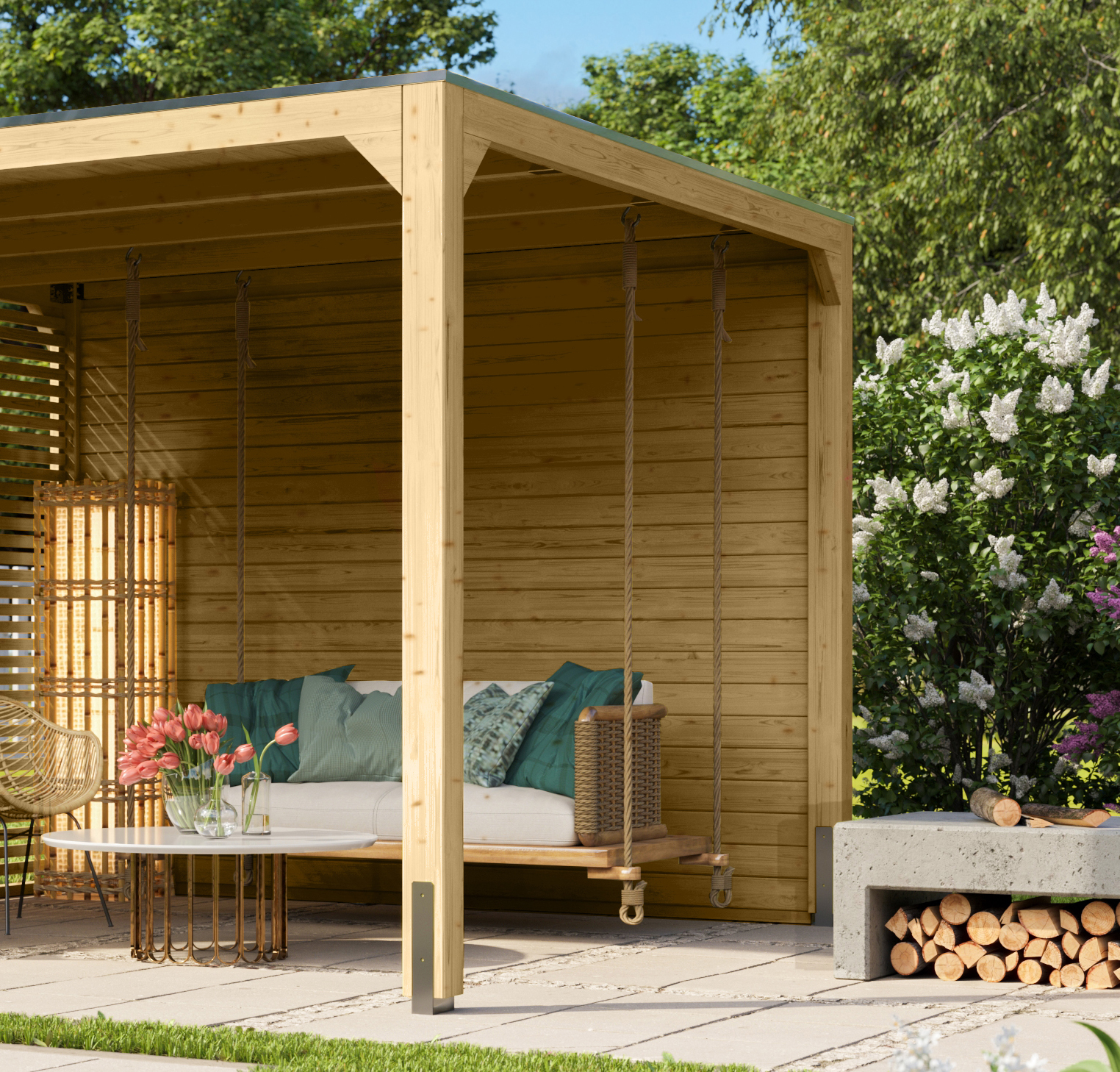 Karibu Cubus Pavillon Seitenwand aus Leimholz mit Flachdach im Garten als Ambiente-Ansicht