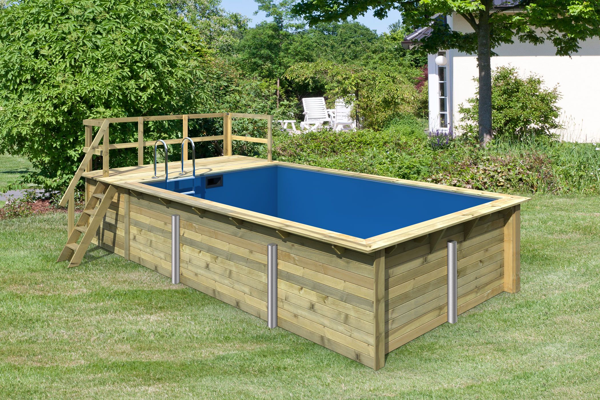 Ausstattungsübersicht des Karibu Rechteck Pool 3 in 44-mm-Blockbohlenbauweise mit Doppelflügeltür und Massivholzdach