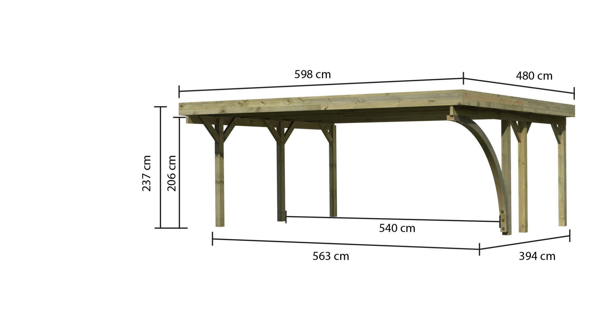 Maßzeichnung des Karibu Doppelcarport Classic 1 mit Dachmaß 598 × 480 cm und Durchfahrtshöhe 206 cm