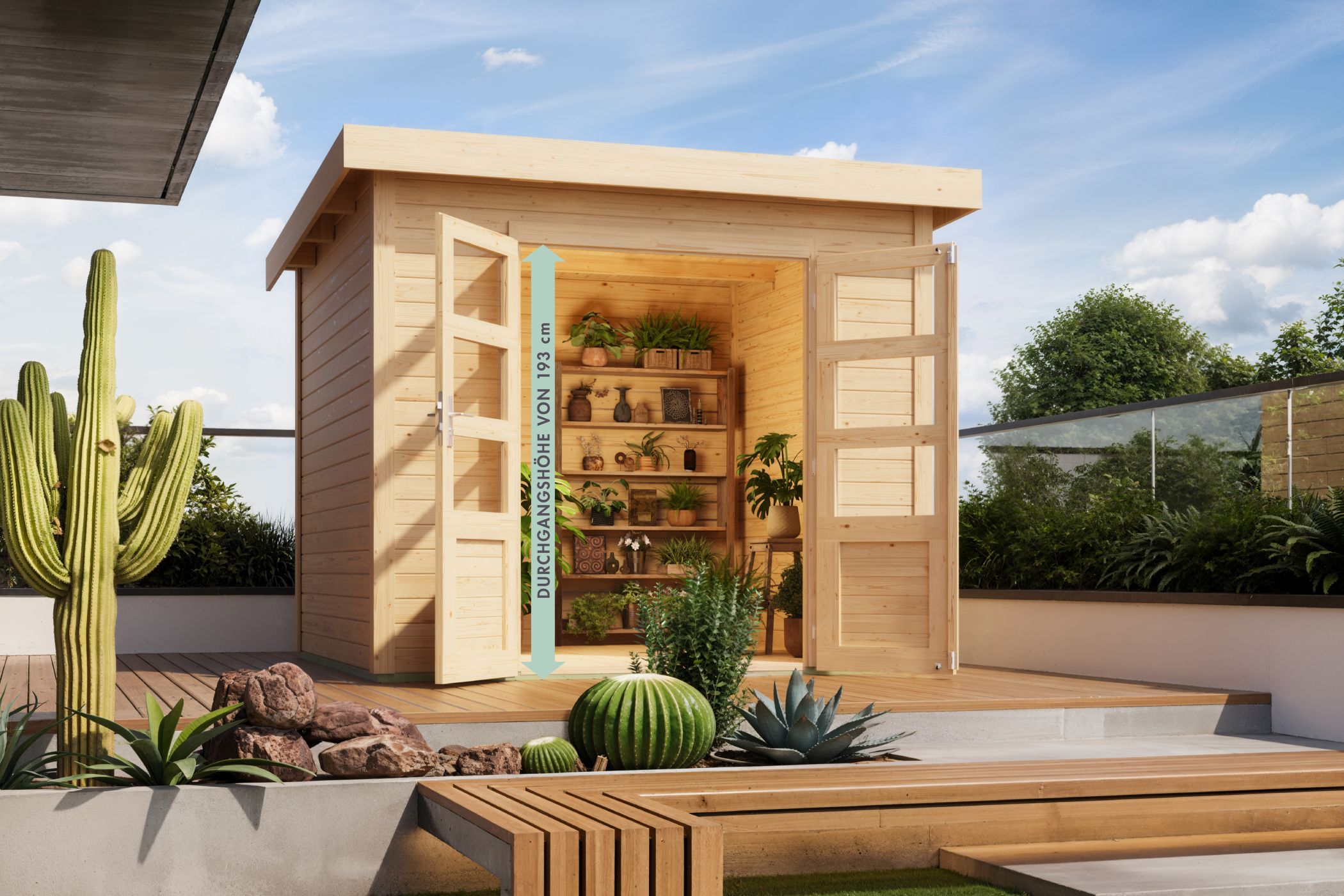 Karibu Gartenhaus Kolbin 6 XXL (Extra hohe Tür) in Naturbelassen im Garten