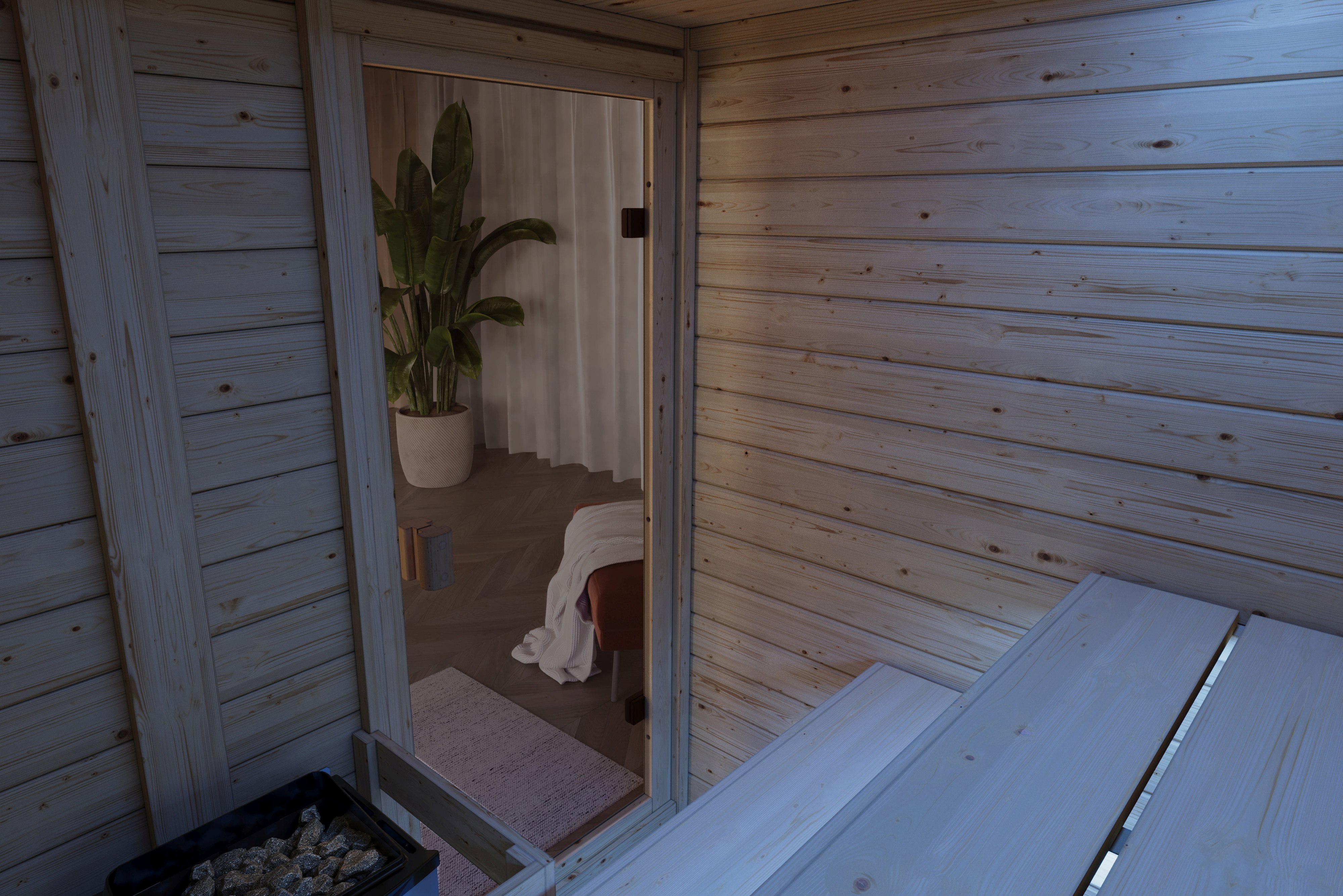 Karibu Sauna Ria als stimmungsvoller Wellnessbereich in einem modern eingerichteten Wohnraum