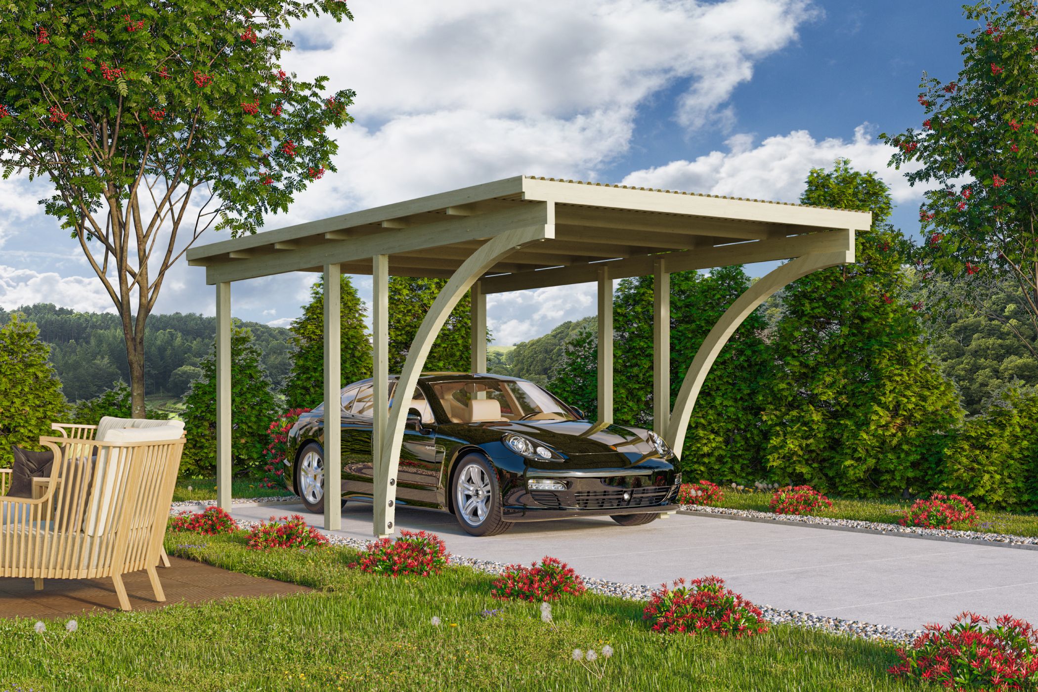 Karibu Einzelcarport BASIC 1 aus KDI-Massivholz mit Flachdach im Garten aufgebaut