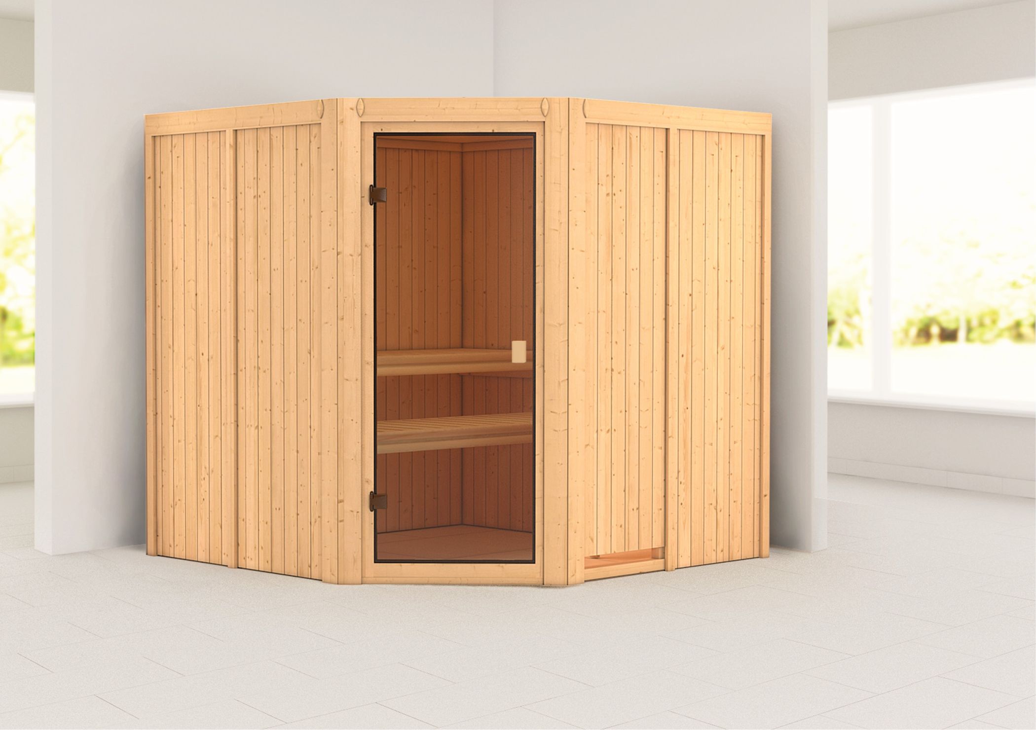 Außenansicht der Karibu Sauna Kotka aus nordischer Fichte mit Ganzglastür und Fronteinstieg