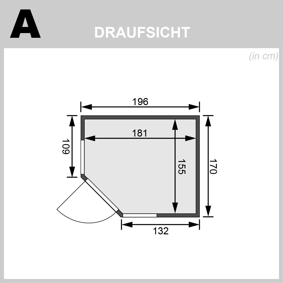 Bemaßte Draufsicht der Karibu Sauna Amelia 1 mit Grundriss und eingezeichnetem Türausschnitt