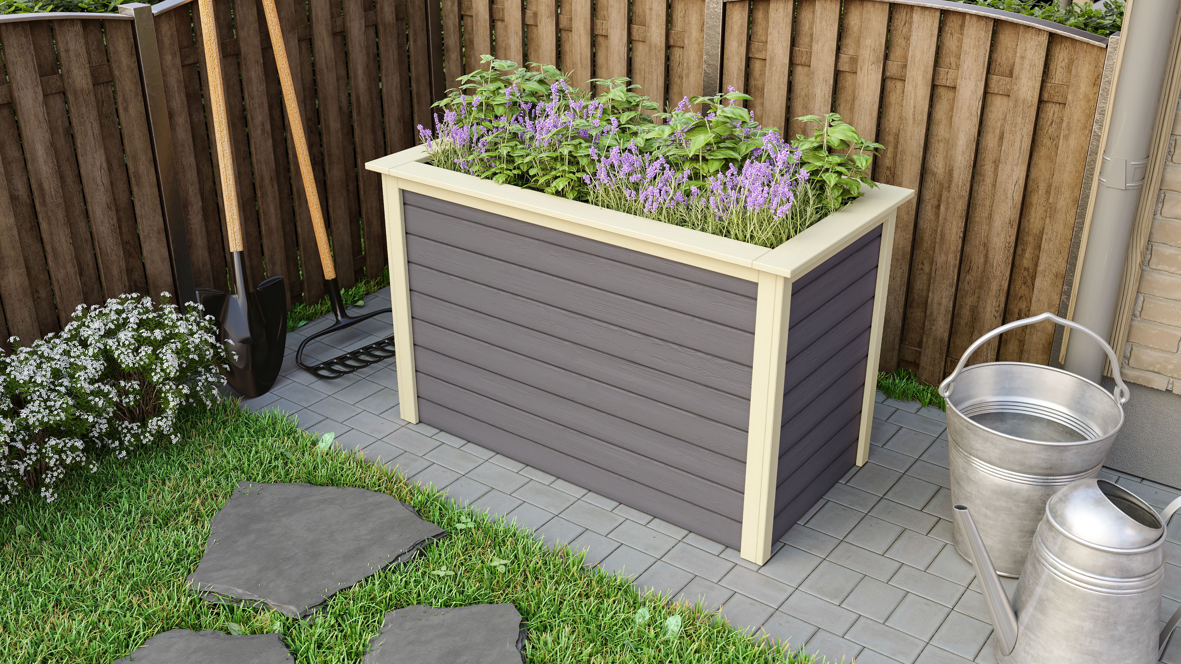 Karibu Hochbeet 1 in Terragrau im Garten