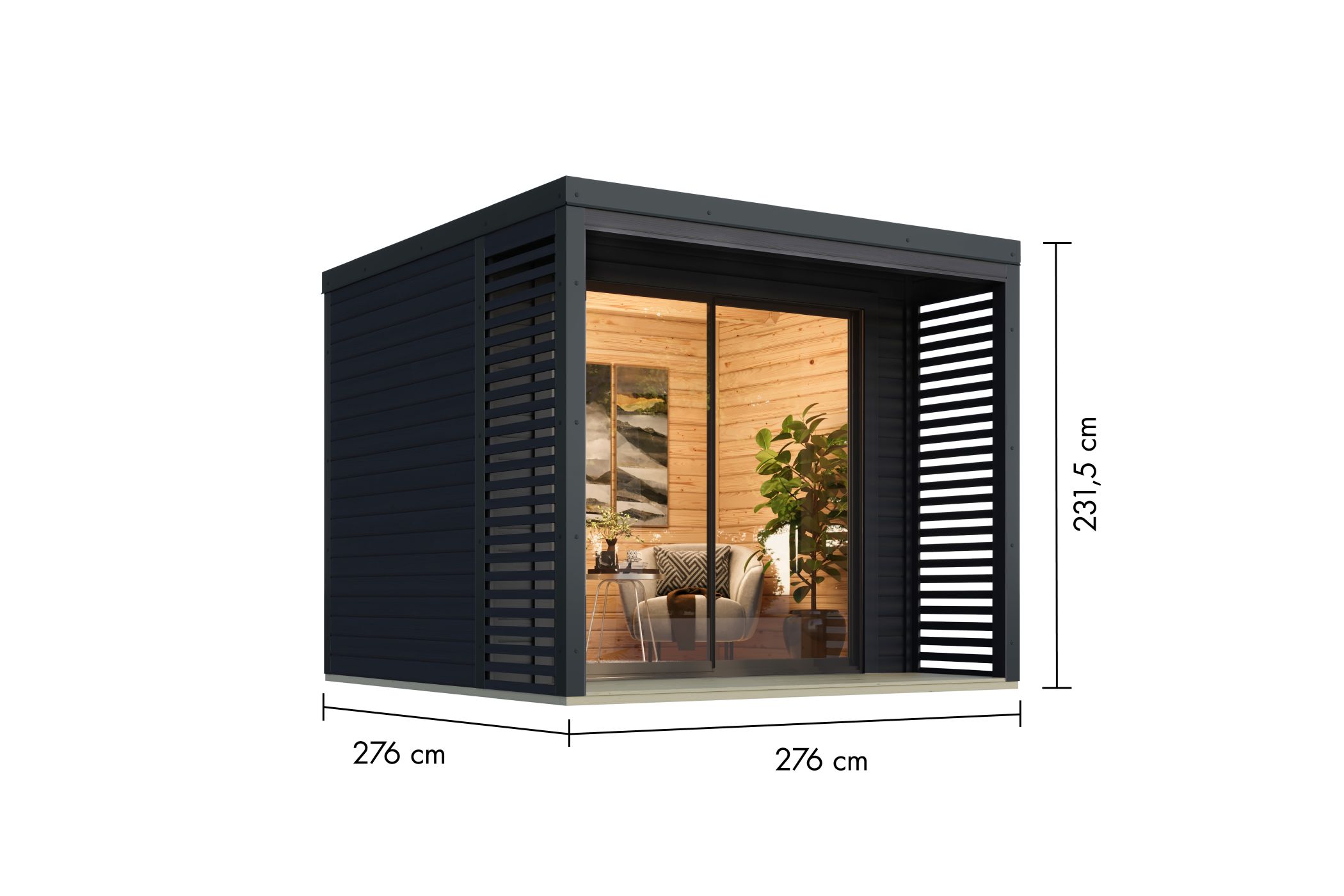 Bemaßte Maßzeichnung des Karibu Gartenhaus Holz & Metall Saturn, 276 × 276 cm