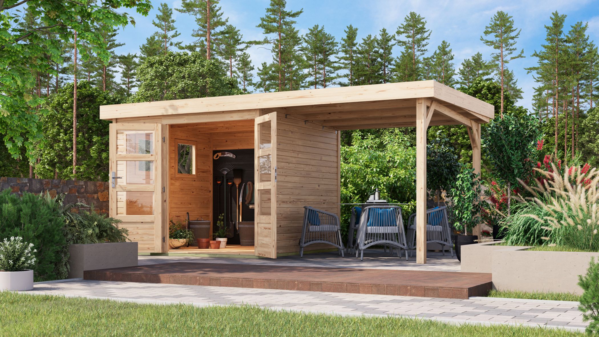 Karibu Gerätehaus Lahar 3,5 in Naturbelassen und Anbaudach im Garten