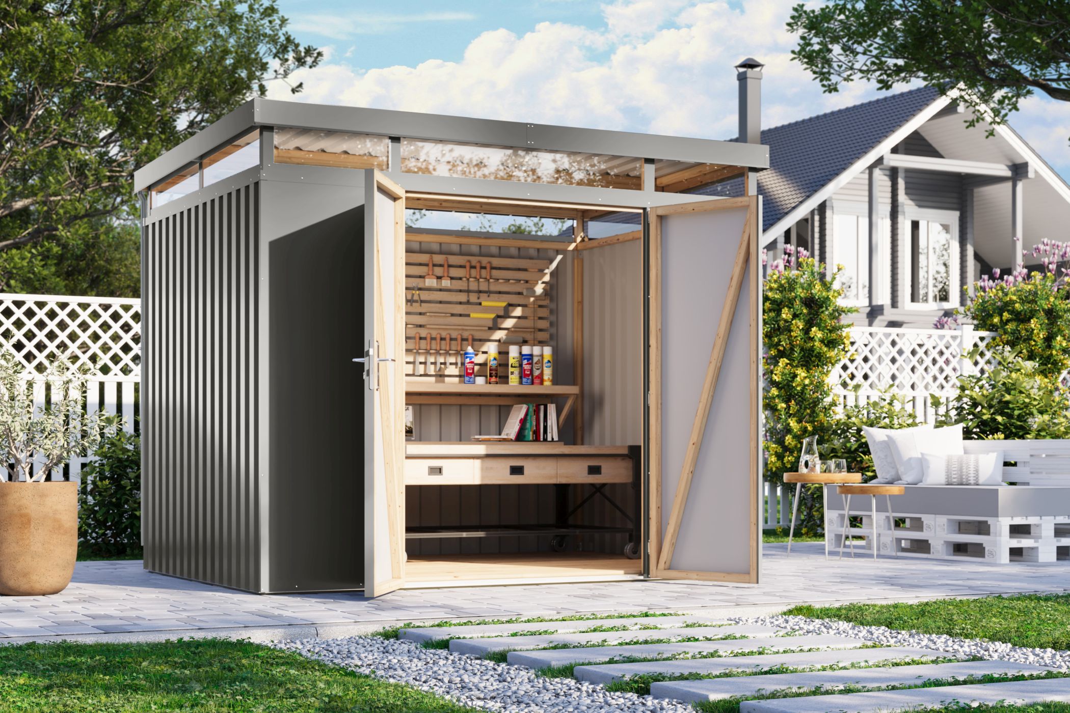 Karibu Gerätehaus aus Metall Aurum 3 in Graualuminium im Garten