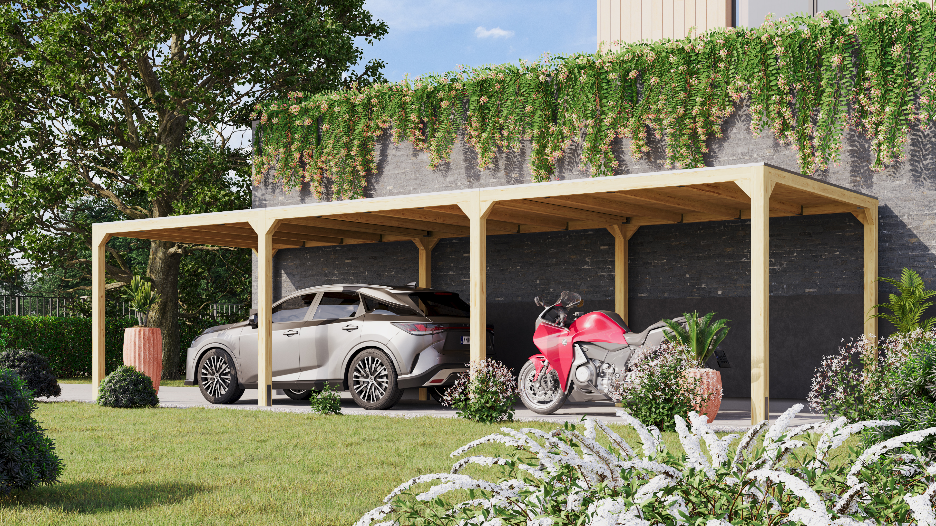 Karibu Pavillon Cubus aus Leimholz mit Flachdach im Garten als Ambiente-Ansicht
