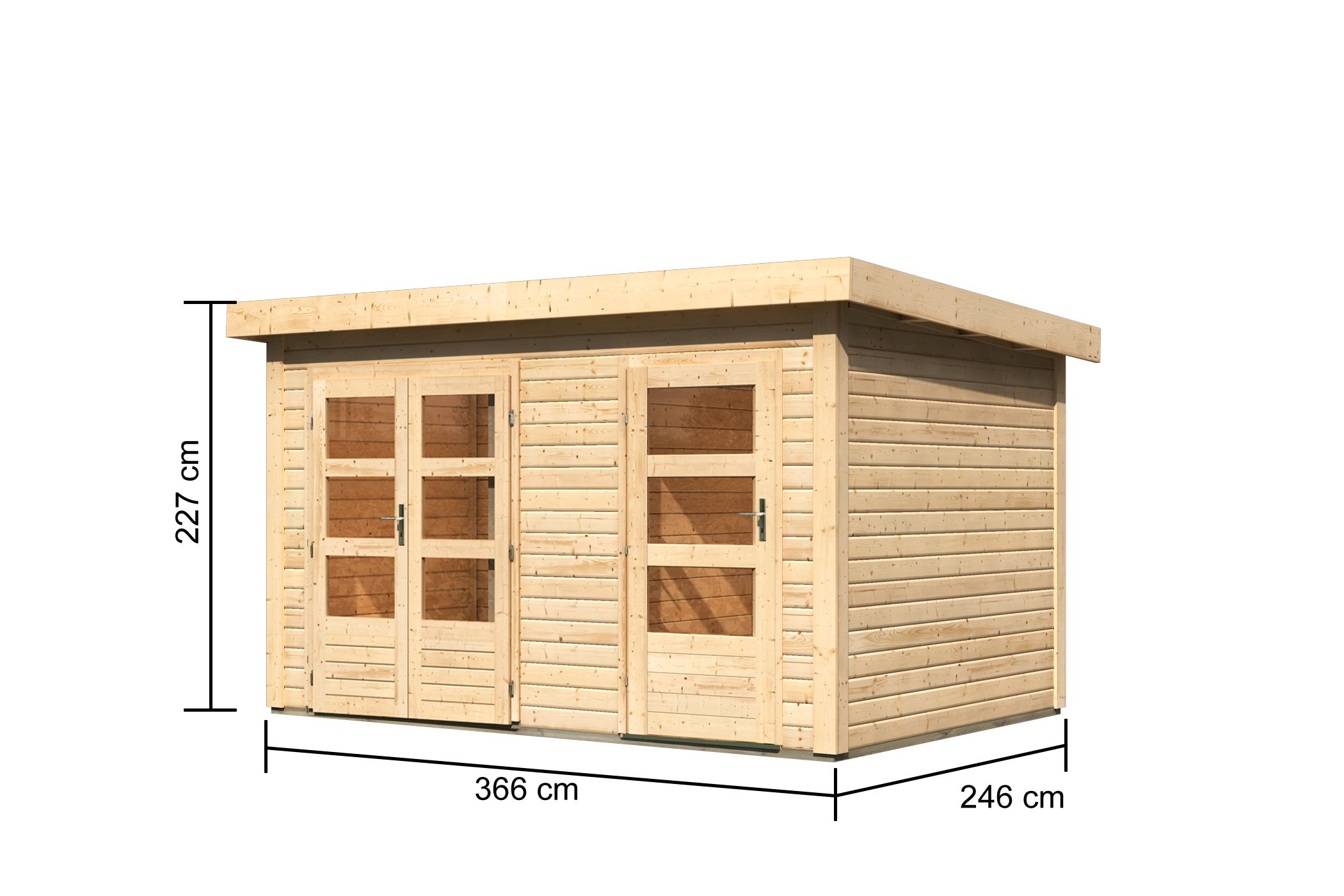 Bemaßte Maßzeichnung des Karibu Gartenhaus Schönbuch 1, 366 × 246 cm
