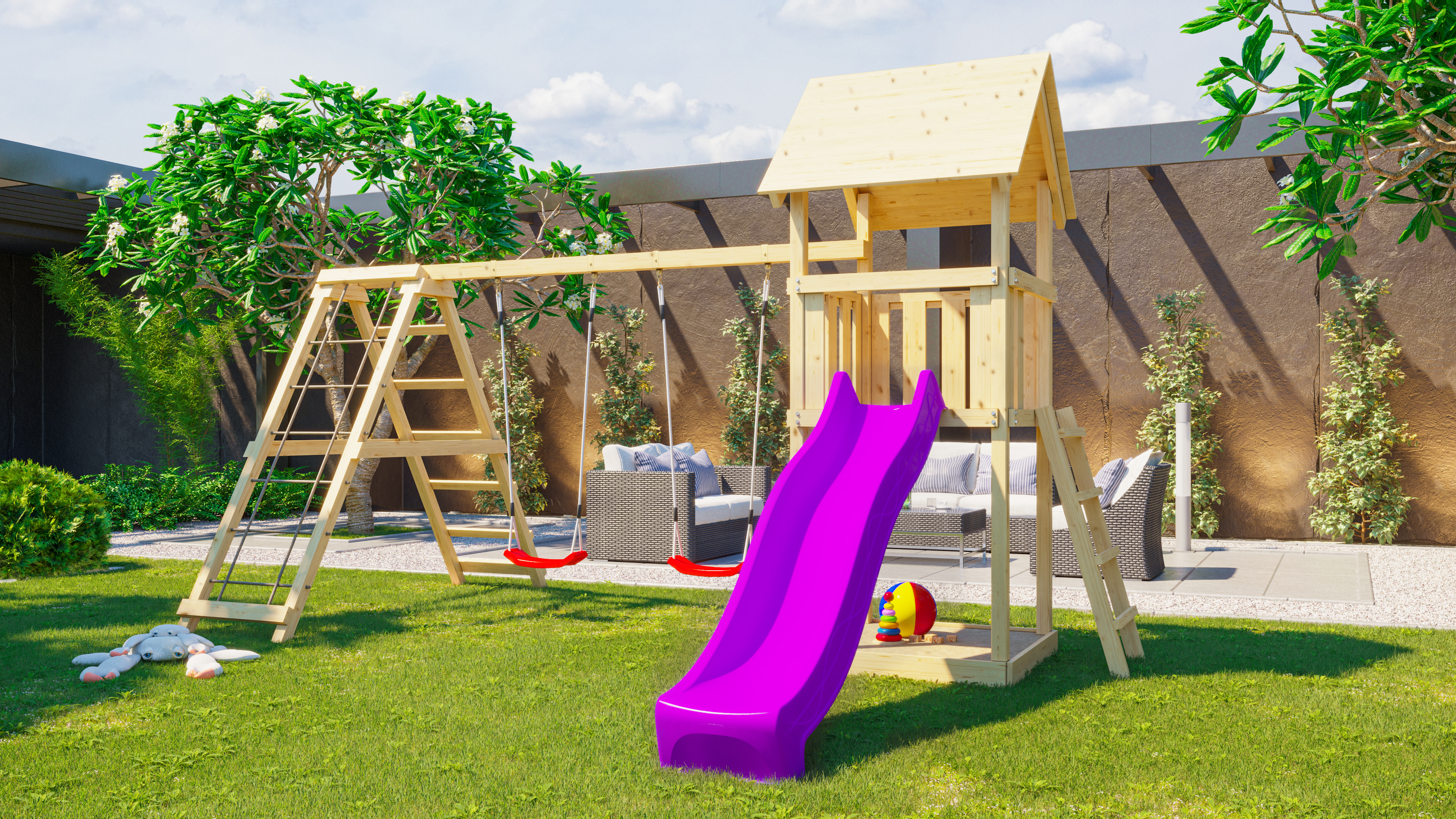 AKUBI Spielturm Lotti als komplette Spielanlage mit Wellenrutsche und Schaukel im Garten
