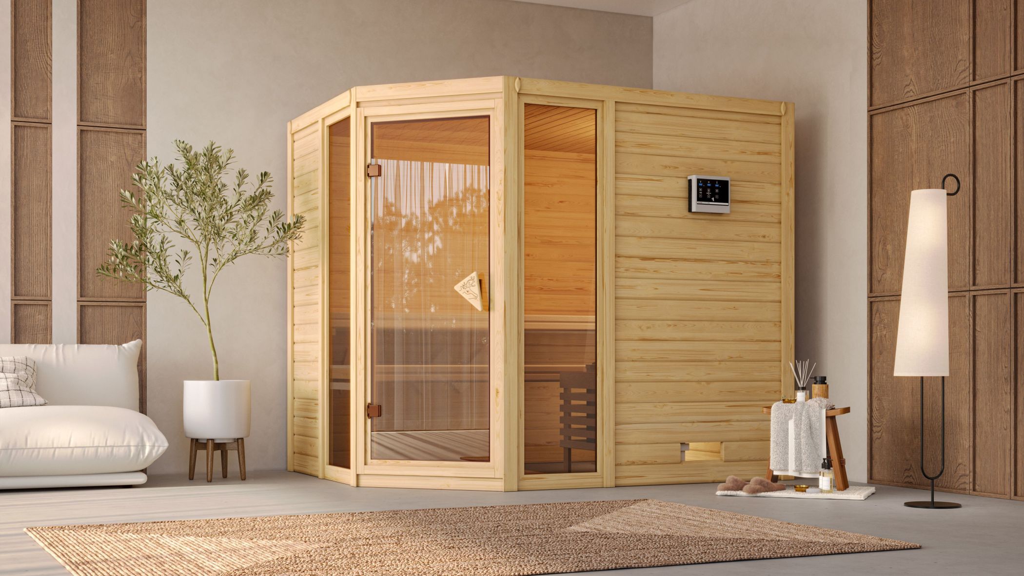 Karibu Sauna Sinai 3 als hochwertige Sauna aus nordischer Fichte im Wohnraum-Ambiente