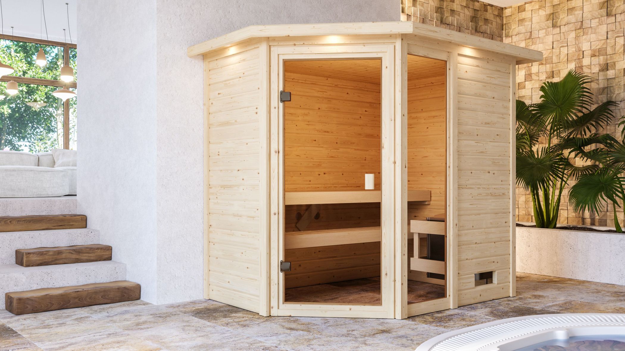 Karibu Sauna Jada als hochwertige Sauna aus nordischer Fichte im Wohnraum-Ambiente
