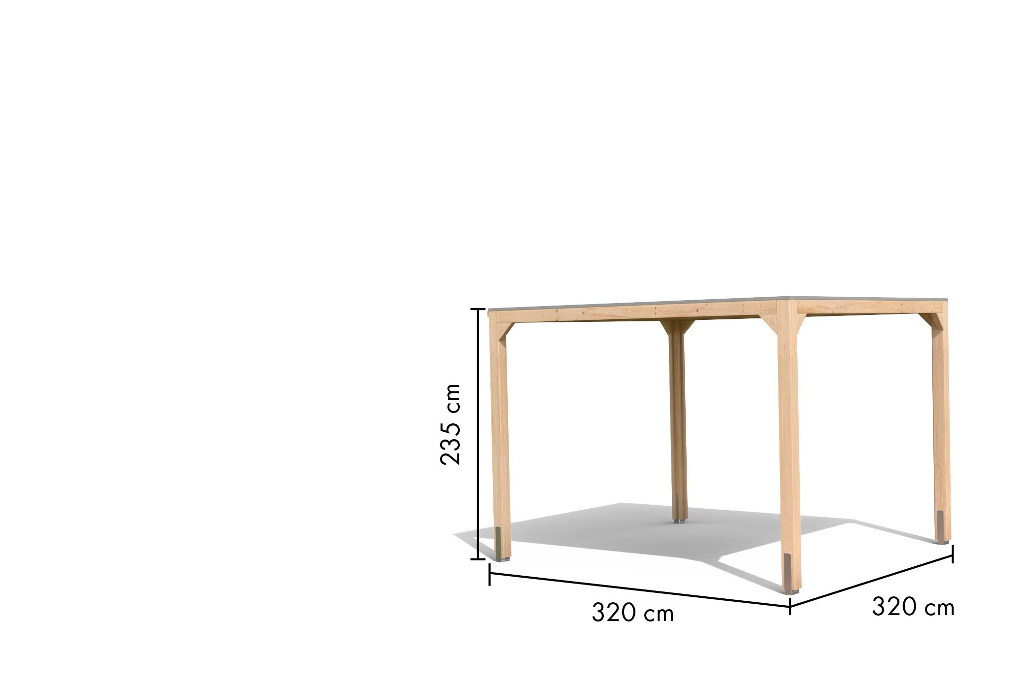 Maßzeichnung des Karibu Pavillon Cubus mit Dachmaß 320 × 320 cm und Firsthöhe 239 cm