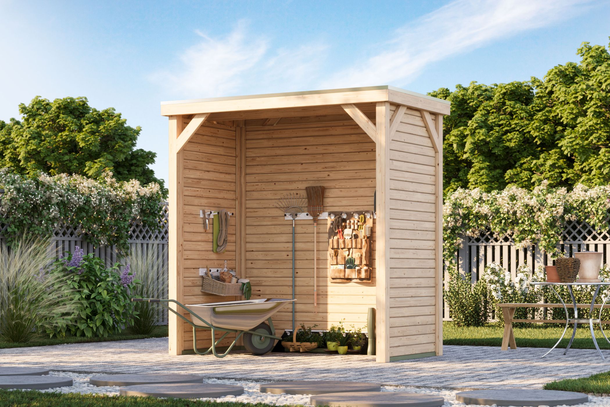 Karibu Cubeco Pavillon halb aus Leimholz mit Flachdach im Garten als Ambiente-Ansicht