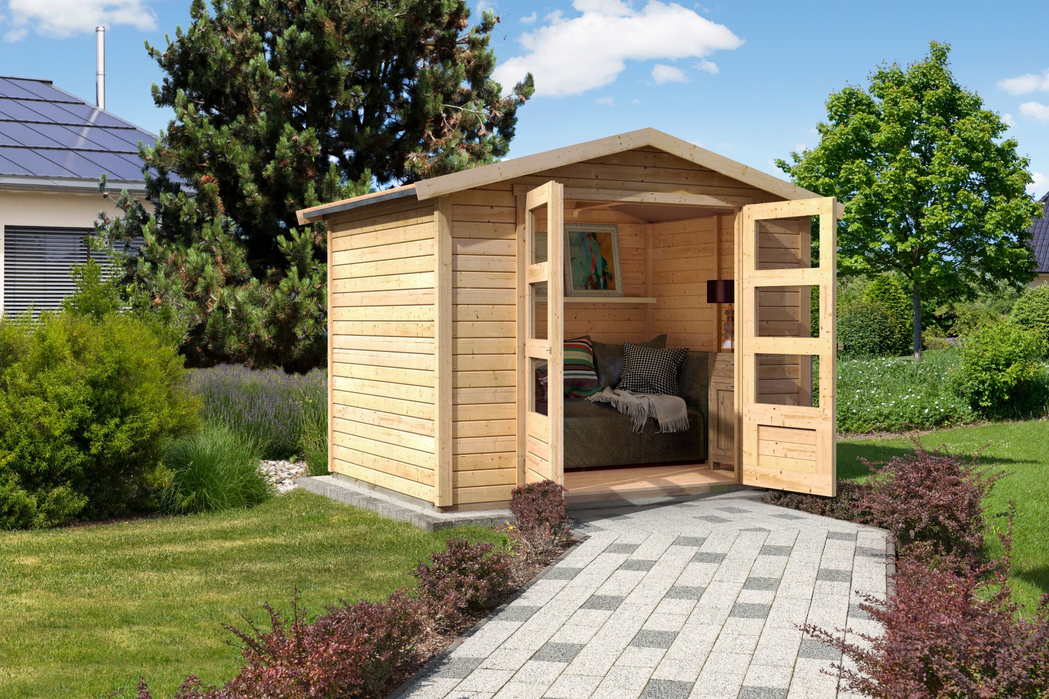 Karibu Gerätehaus Amberg 4 in Naturbelassen im Garten