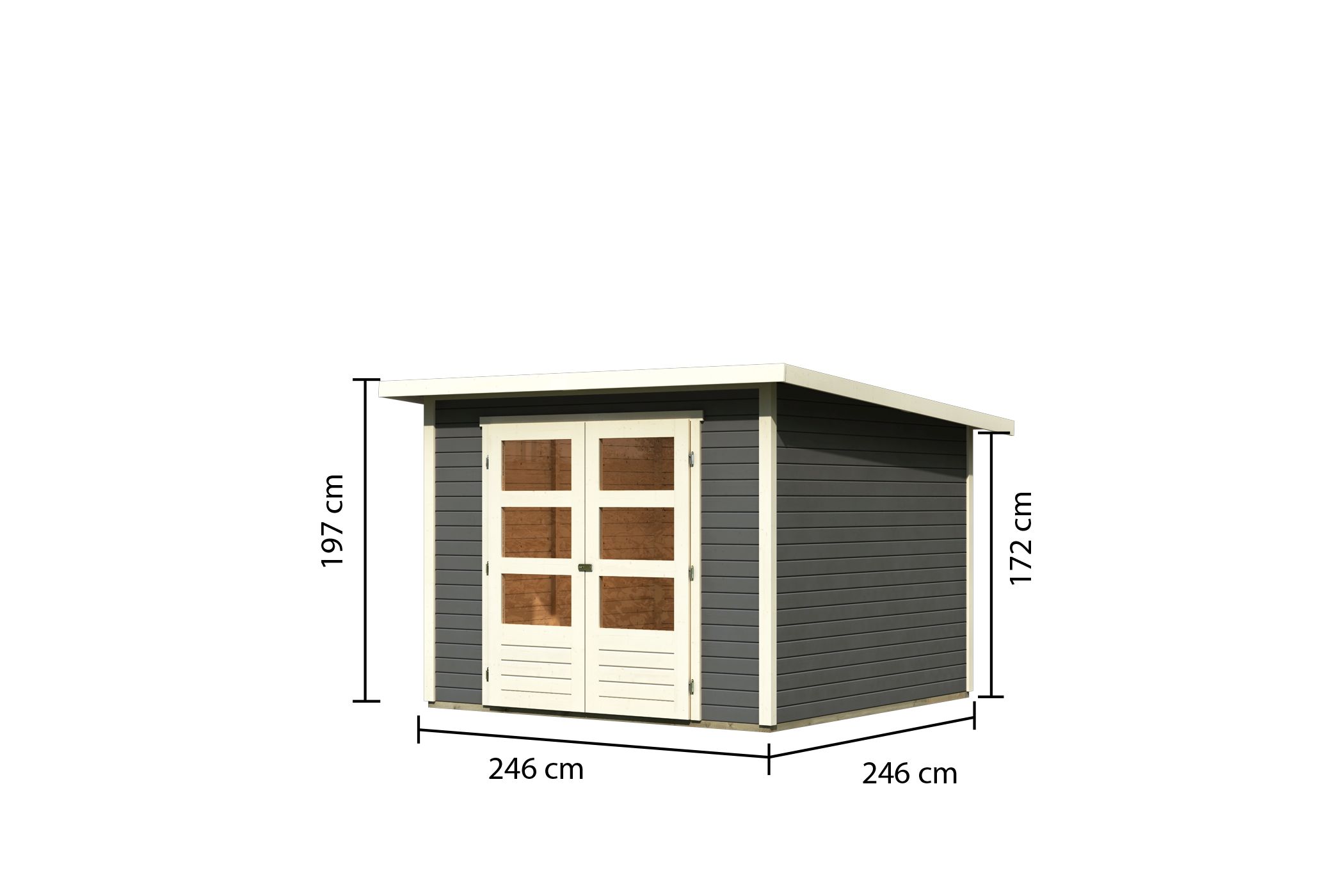 Bemaßte Maßzeichnung des Karibu Gerätehaus Stockach 4, 246 × 246 cm