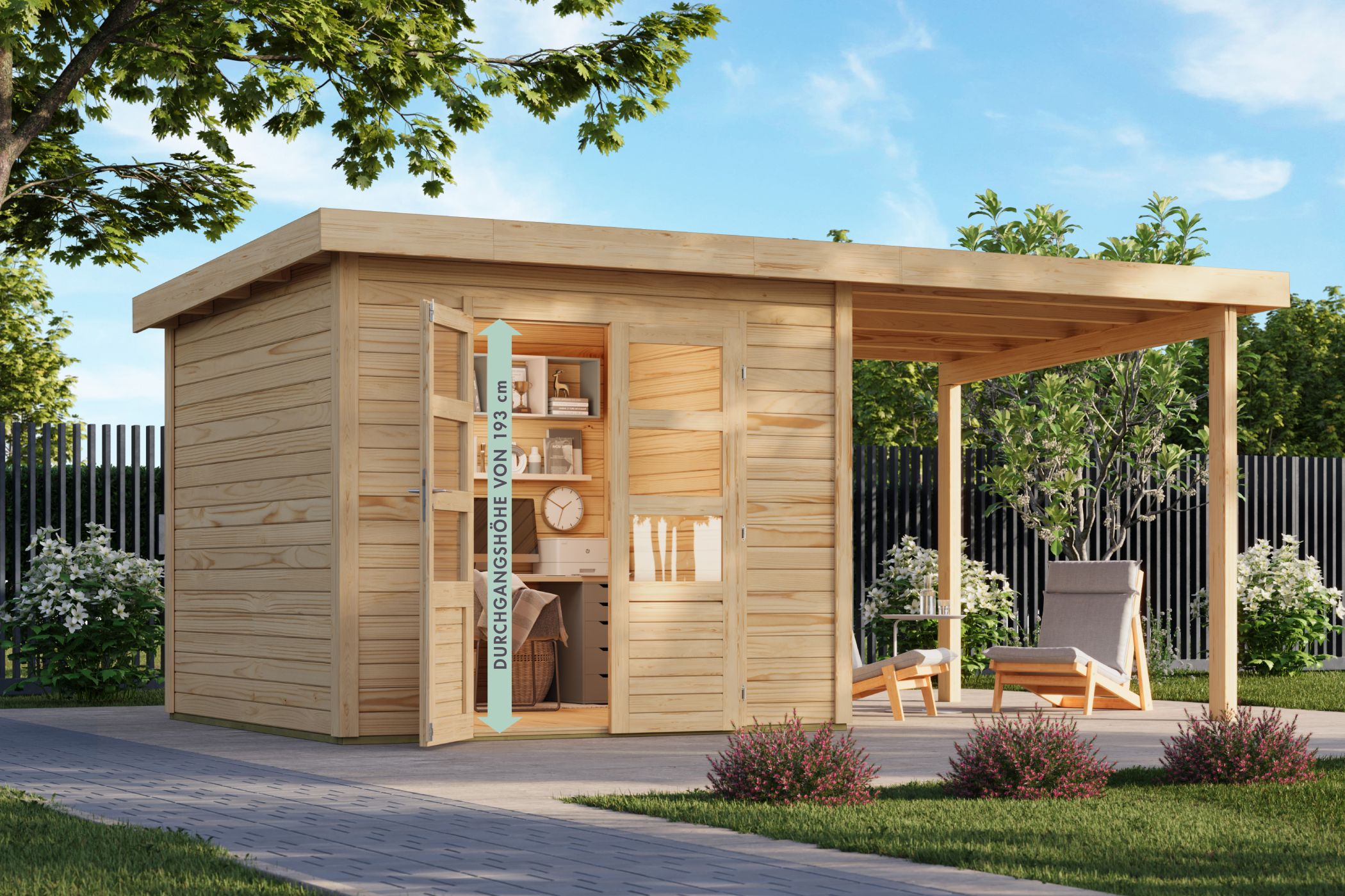 Karibu Gartenhaus Kolbin 6 XXL in Naturbelassen im Garten