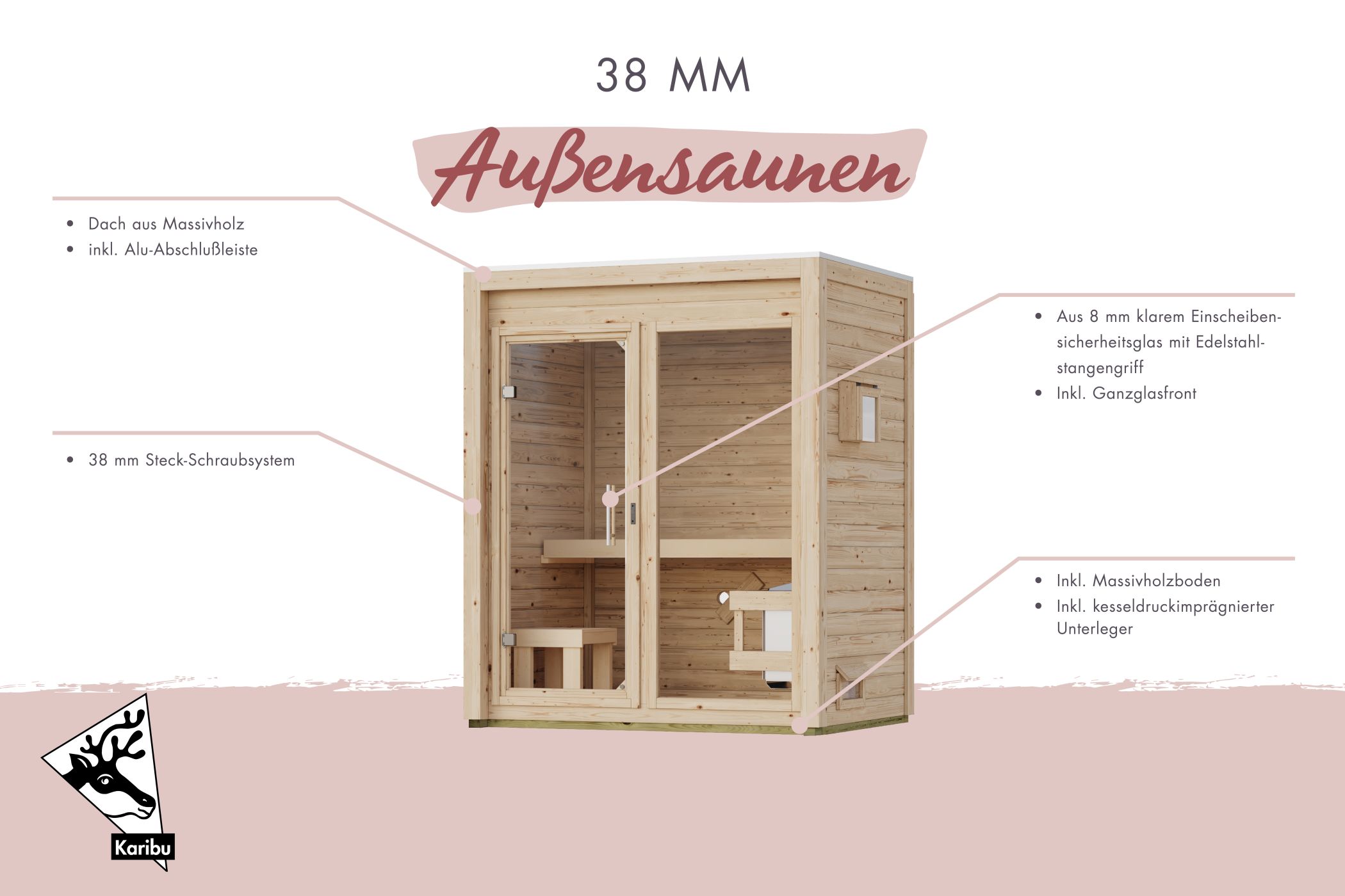 Karibu Saunahaus Hycore 2 als Gartensauna aus Massivholz im Garten mit Glasfront