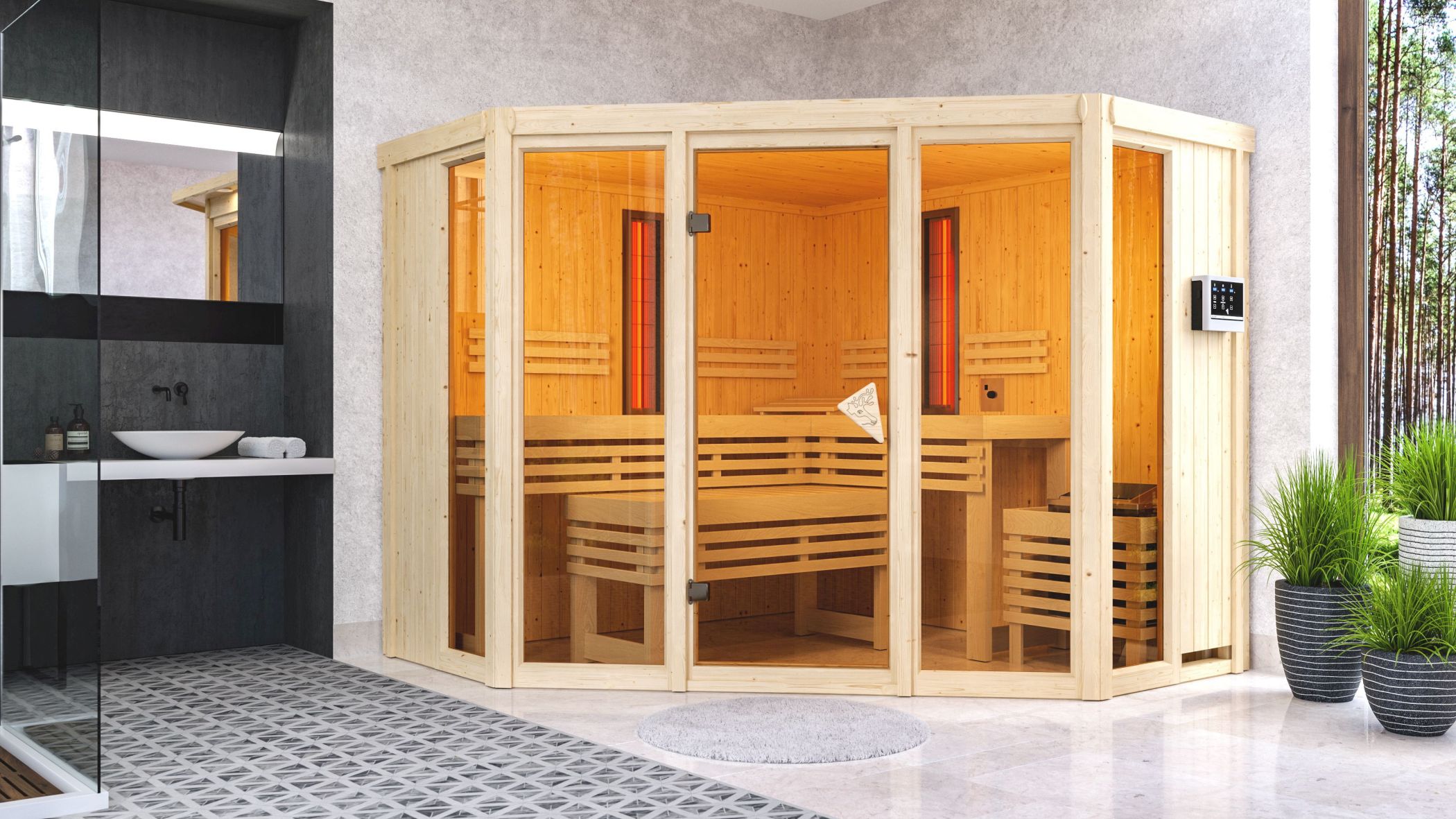Karibu Sauna Asta als hochwertige Sauna aus nordischer Fichte im Wohnraum-Ambiente