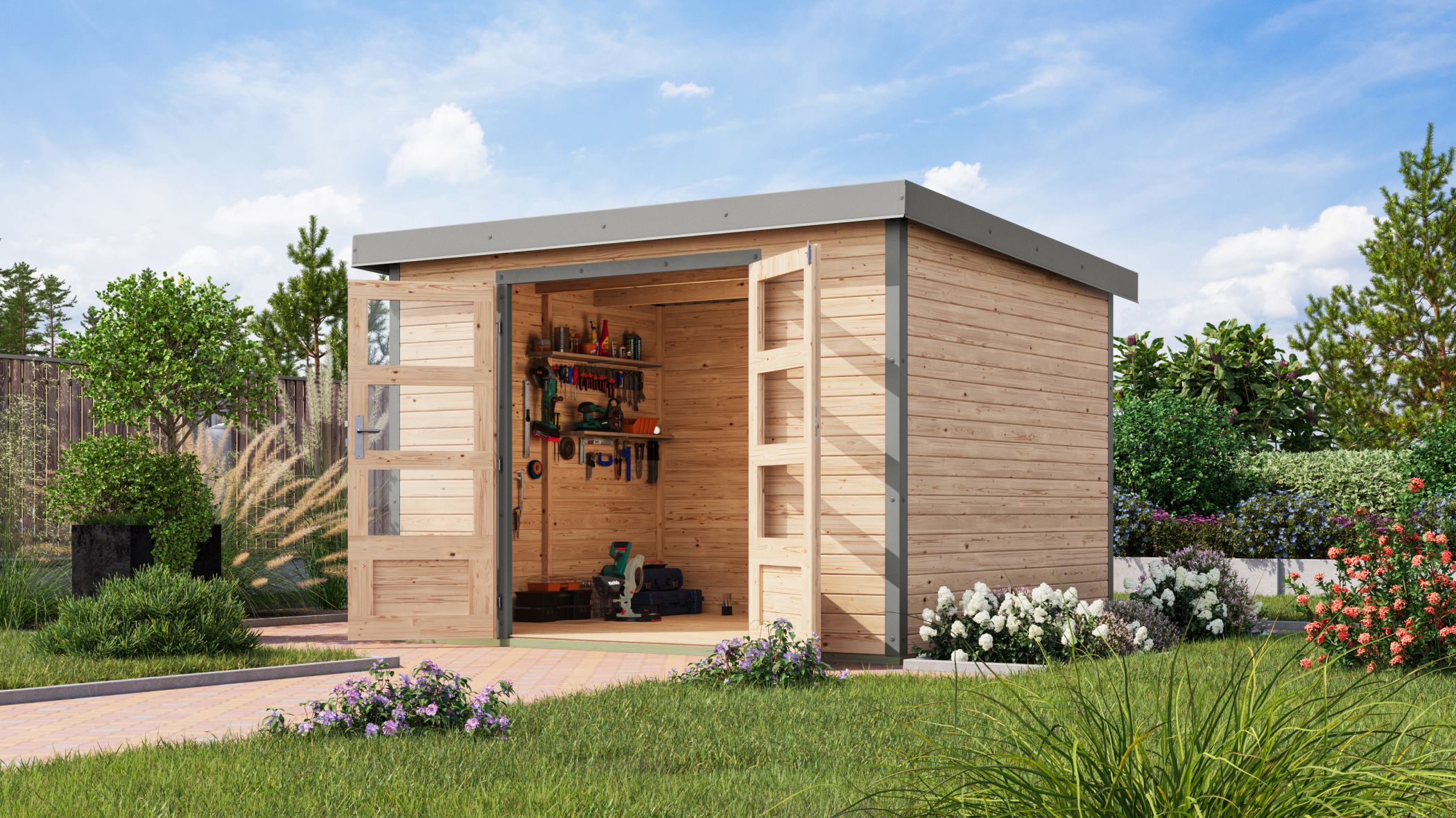 Karibu Gartenhaus Holz & Metall Jupiter 5 in Naturbelassen mit Metall in Graualuminium im Garten