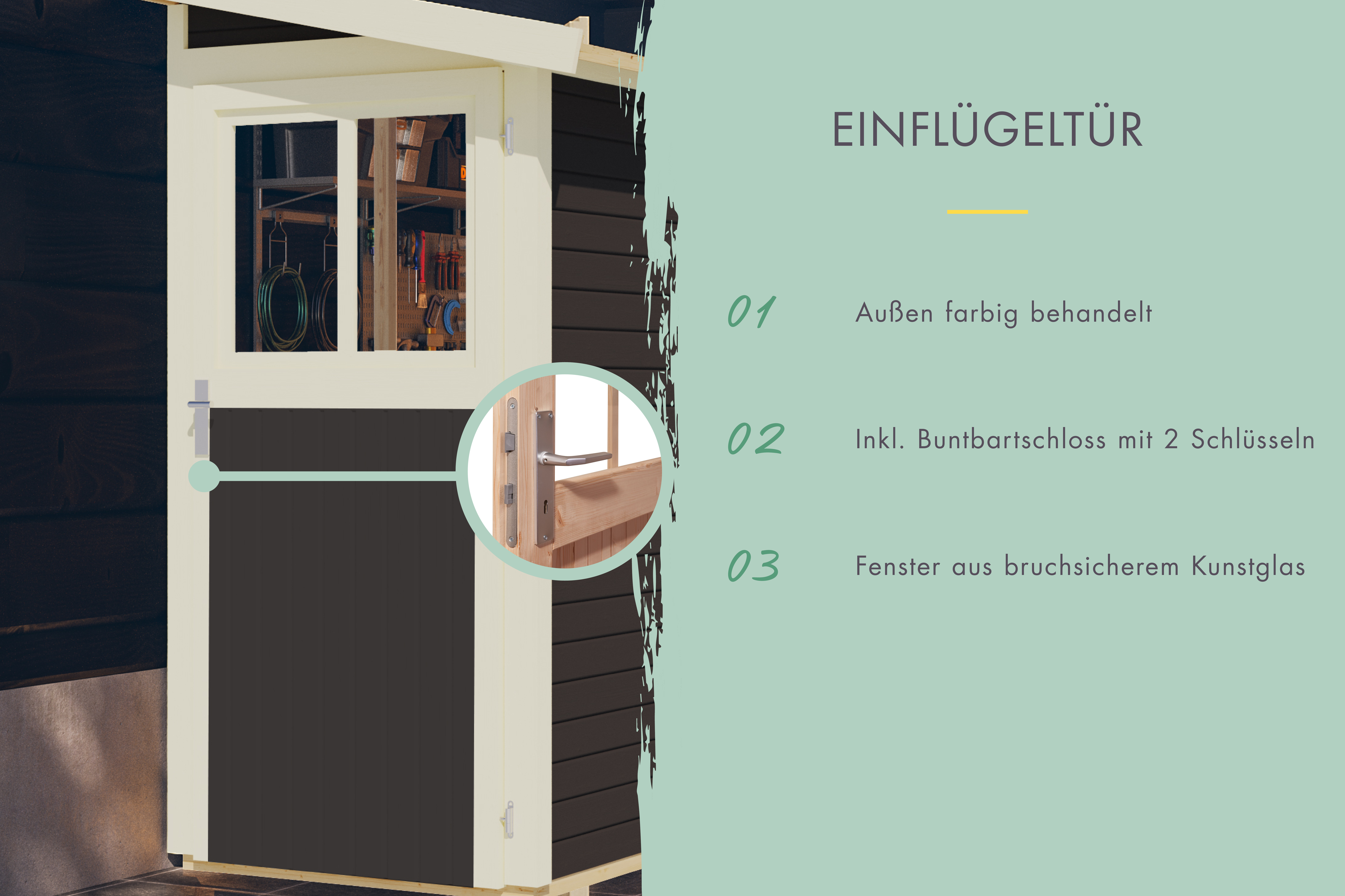 Doppelflügeltür des Karibu Gerätehaus Görlitz mit Zylinderschloss und Kunstglas