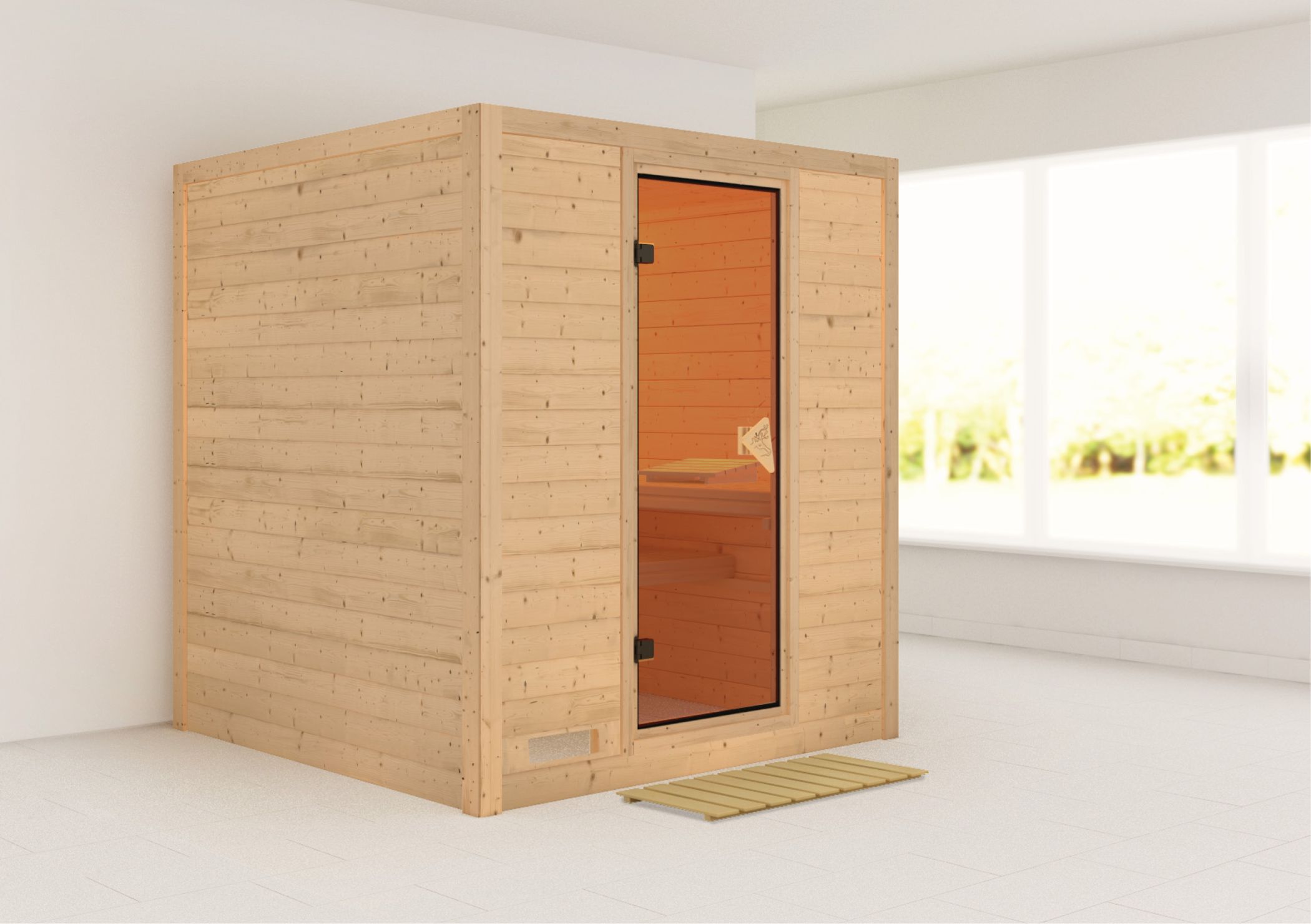 Außenansicht der Karibu Sauna Mojave aus nordischer Fichte mit bronzierter Ganzglastür und Fronteinstieg