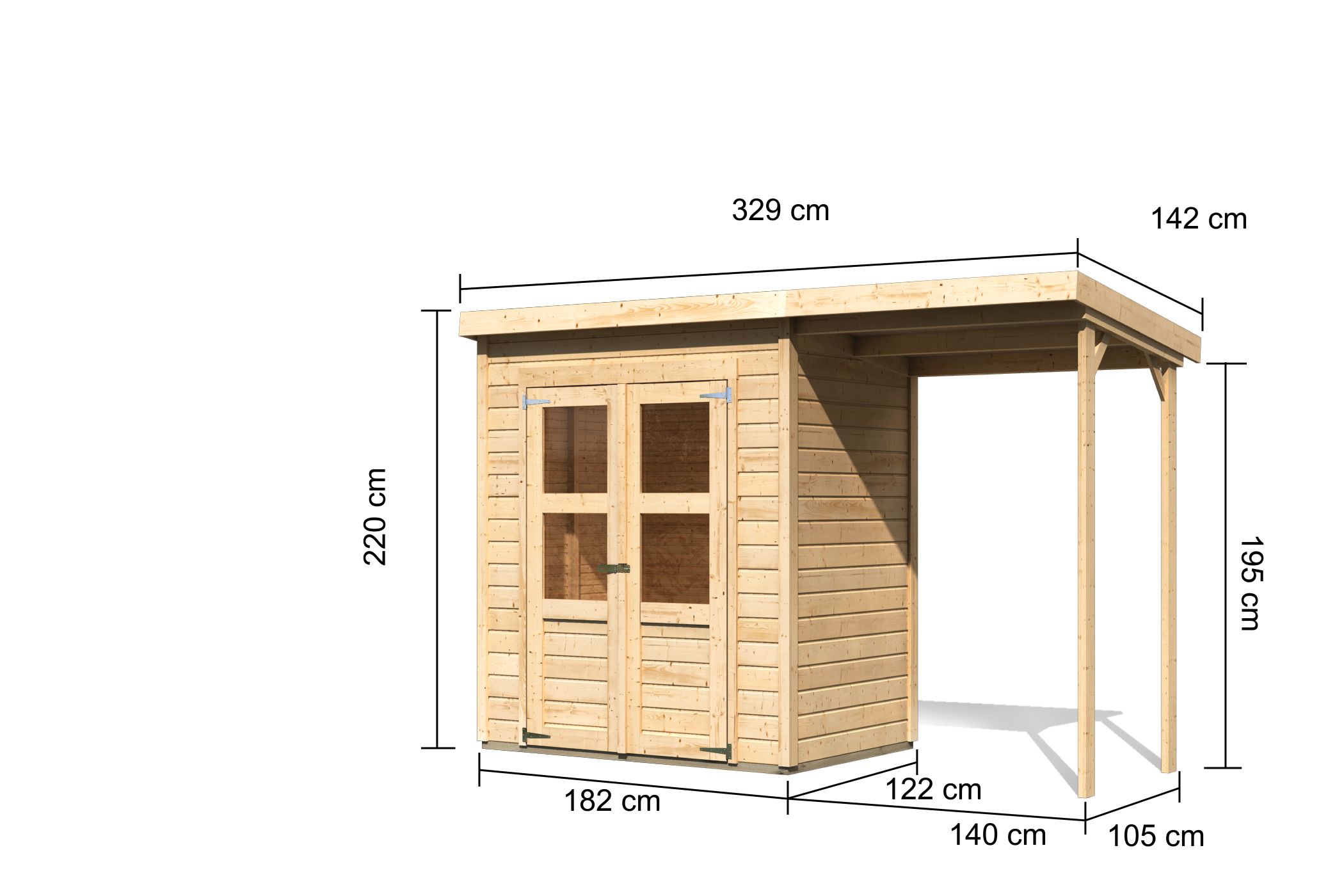 Bemaßte Maßzeichnung des Karibu Gerätehaus Merseburg 2 mit Anbaudach, 329 × 142 cm