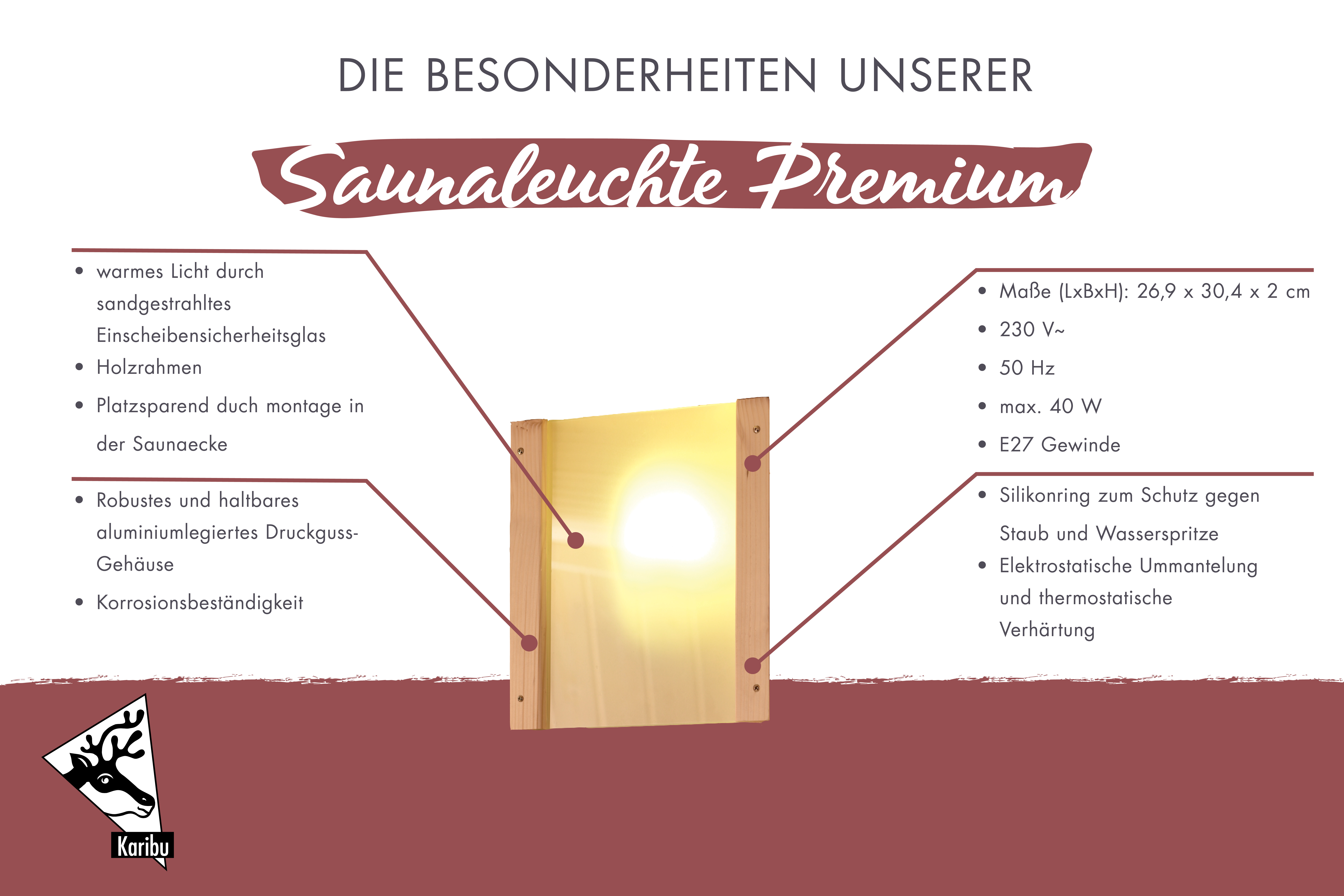 Maßzeichnung der Karibu Saunaleuchte Premium (nicht für Saunahäuser geeignet) mit Außenmaß 30 × 27 cm und Höhe 2 cm
