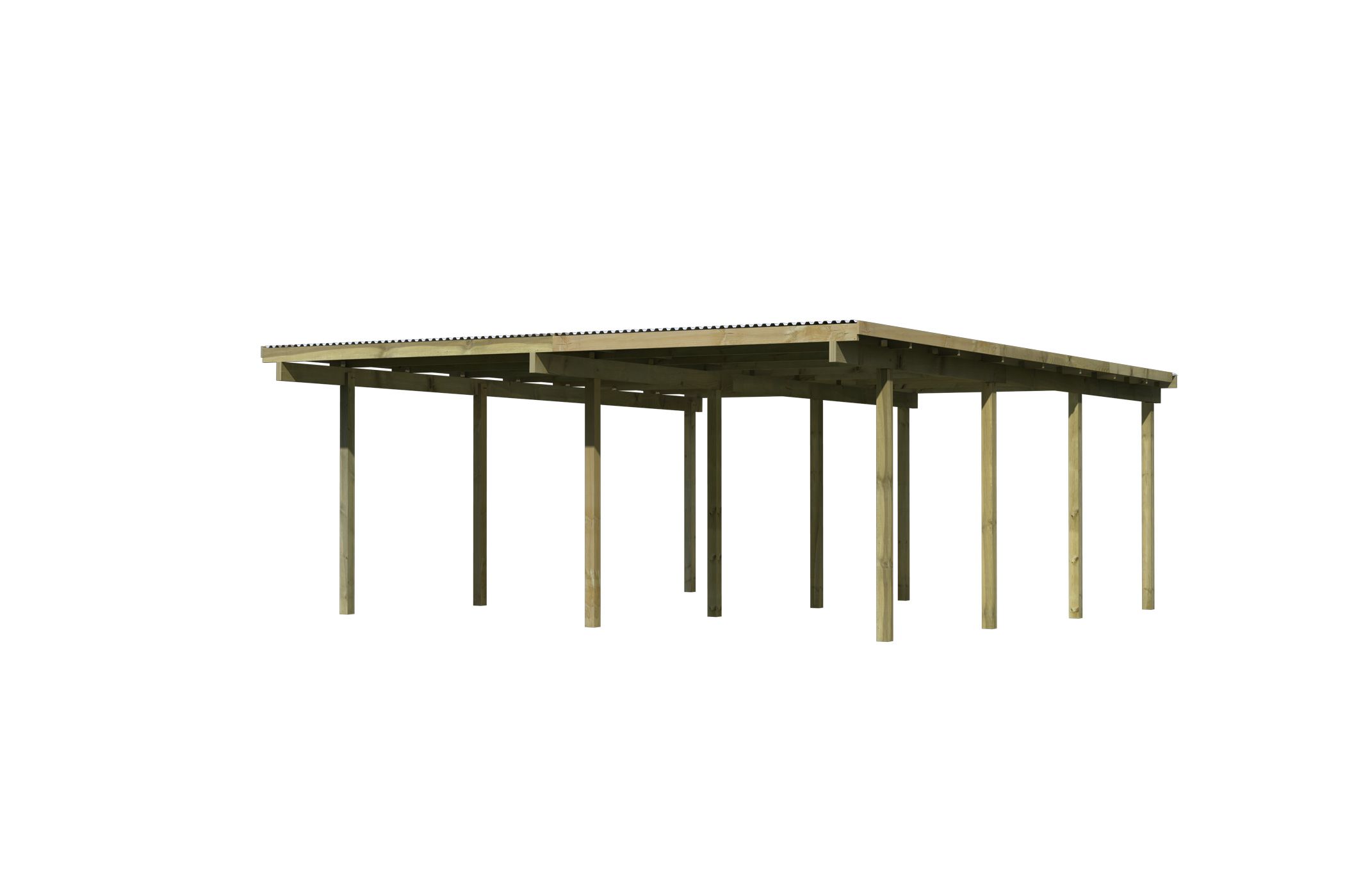 Karibu Doppelcarport BASIC 2 aus KDI-Massivholz mit Flachdach im Garten aufgebaut