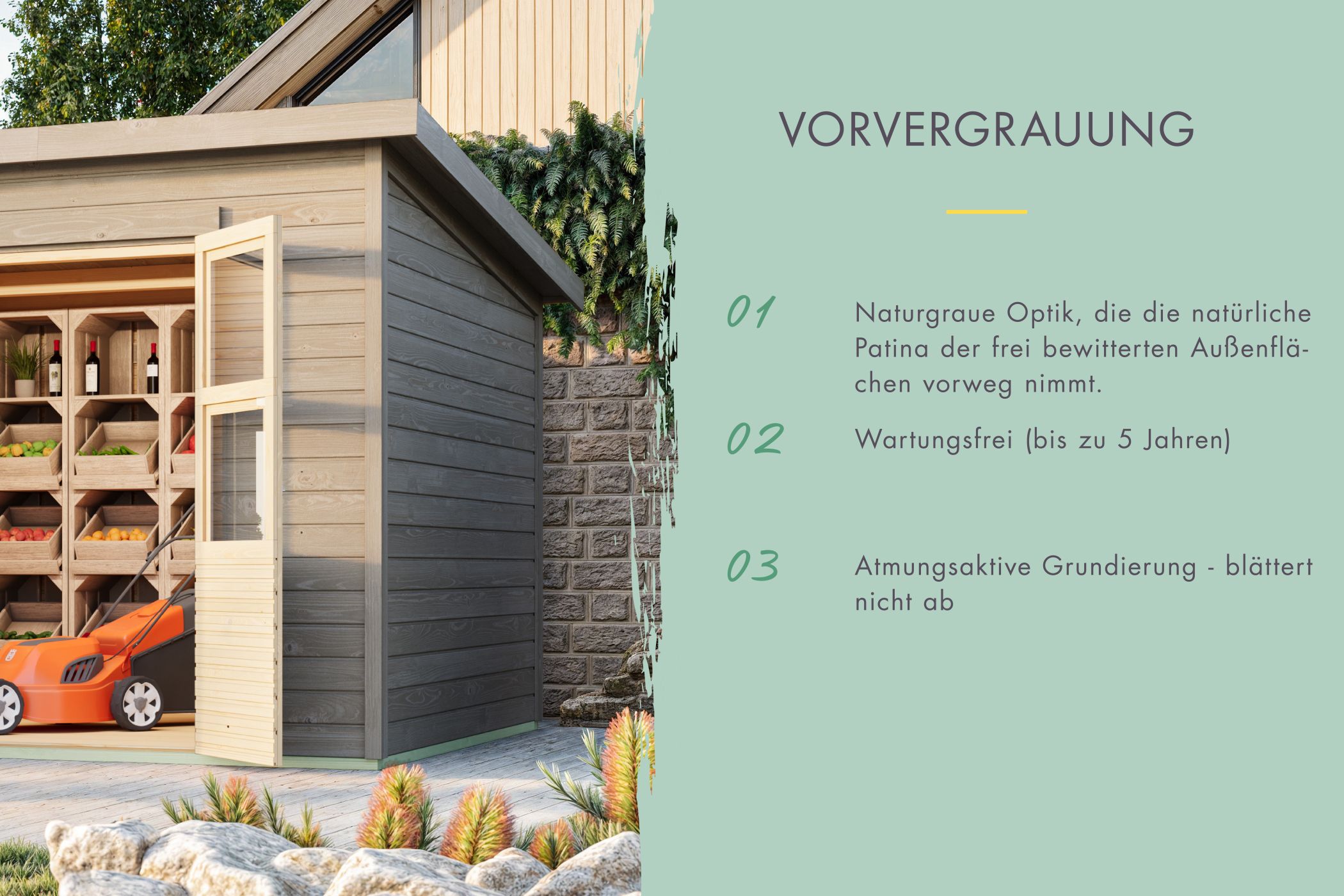 14-mm-Blockbohlenbauweise des Karibu Gerätehaus Merseburg 6 mit Nut-und-Feder-Verbindung