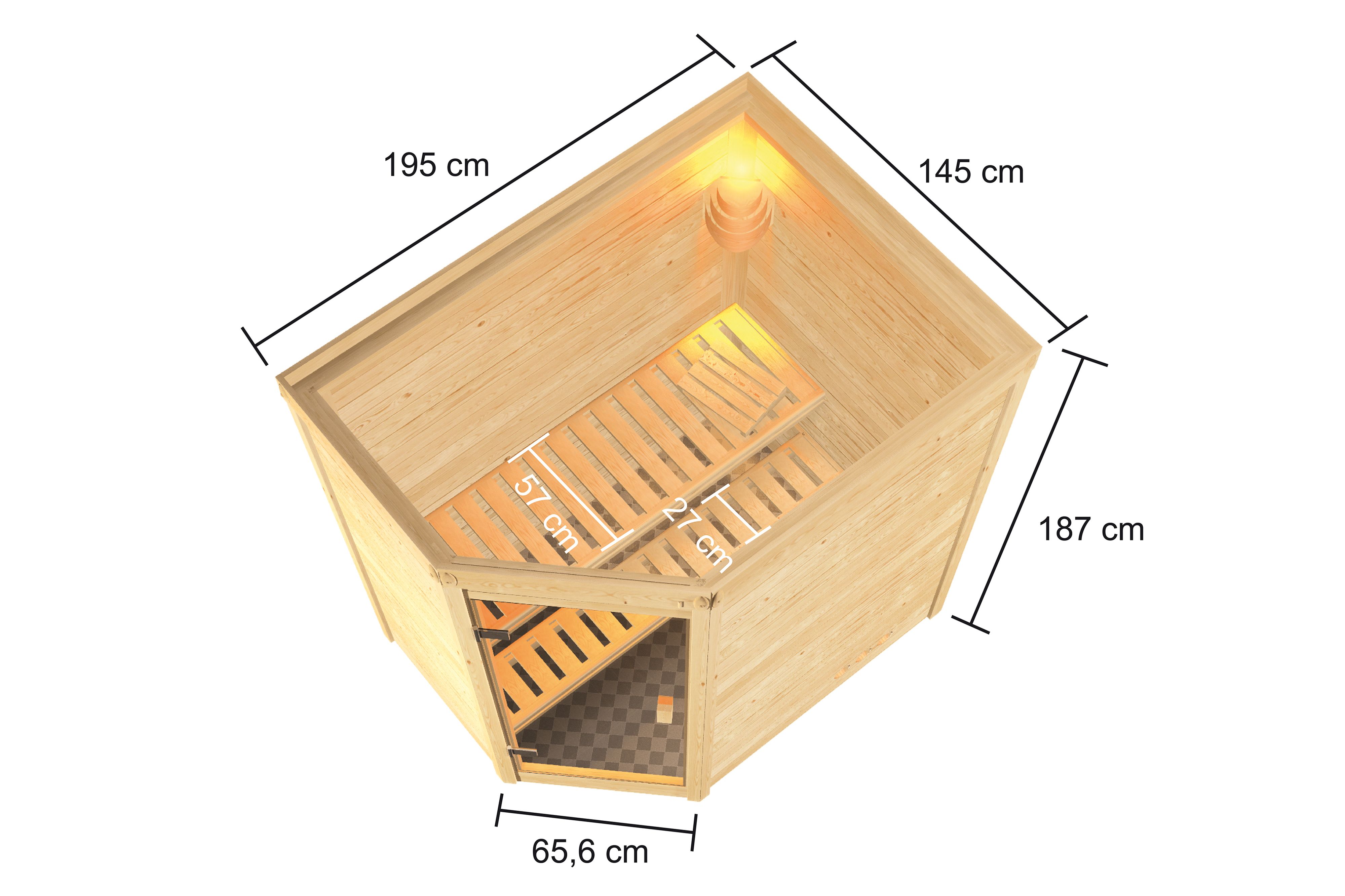 Maßzeichnung der Karibu Sauna Valida 2 Eckeinstieg mit Außenmaß 195 × 145 cm und Höhe 187 cm