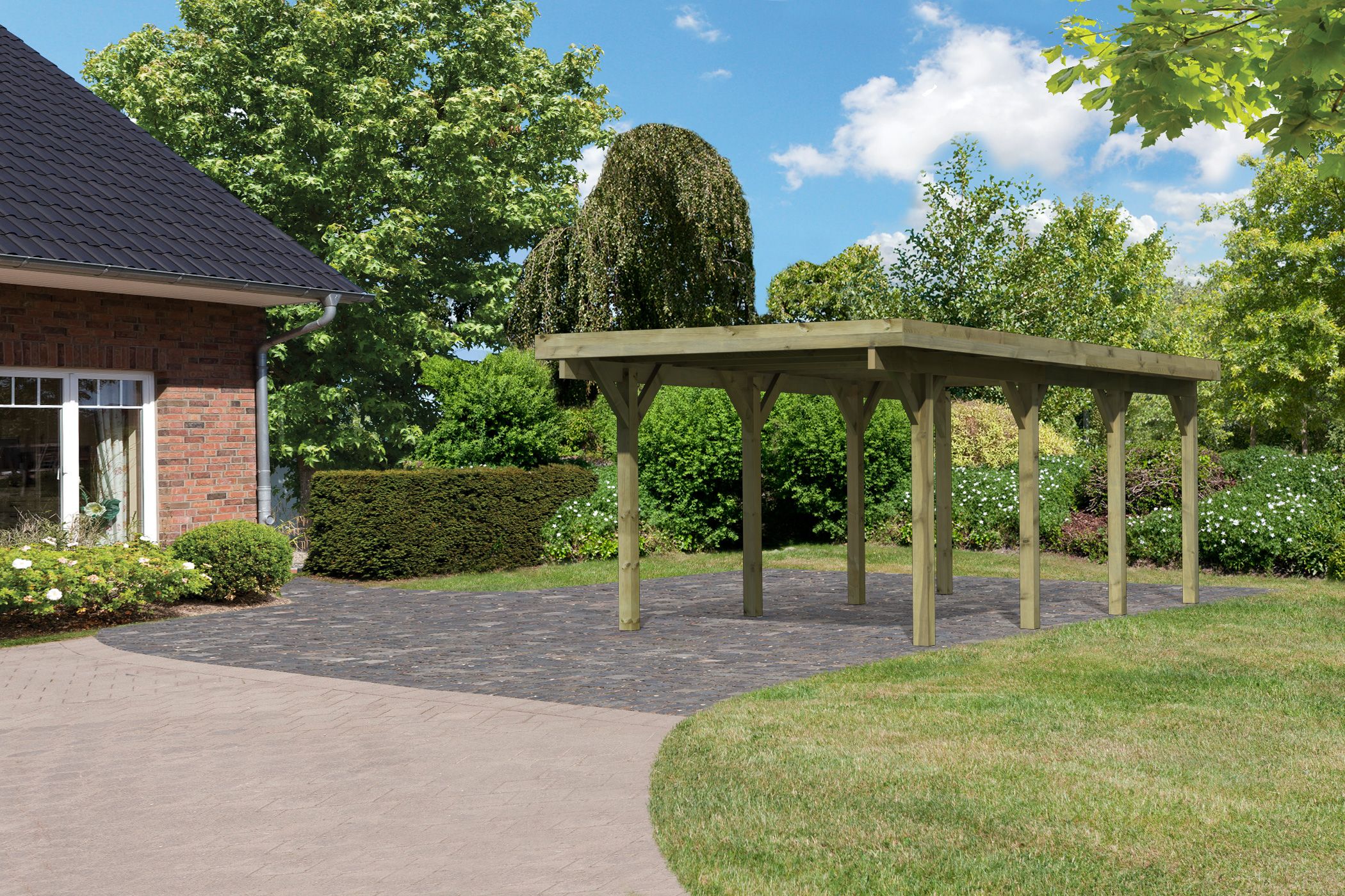 Karibu Einzelcarport Classic 2 aus KDI-Massivholz mit Flachdach im Garten aufgebaut