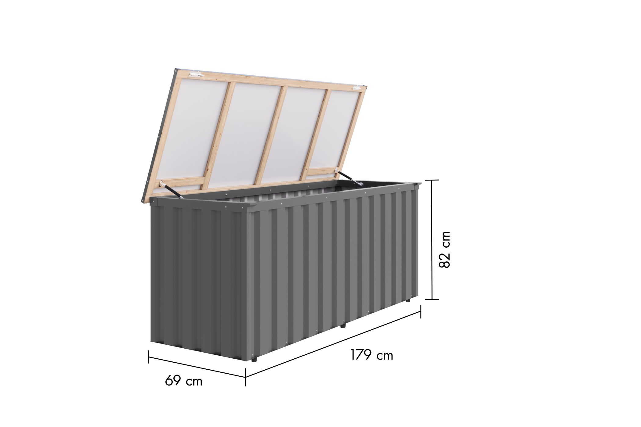 Maßzeichnung der Karibu Metall Gartenbox Indium 3 mit Bemaßung von Grundfläche und Höhe