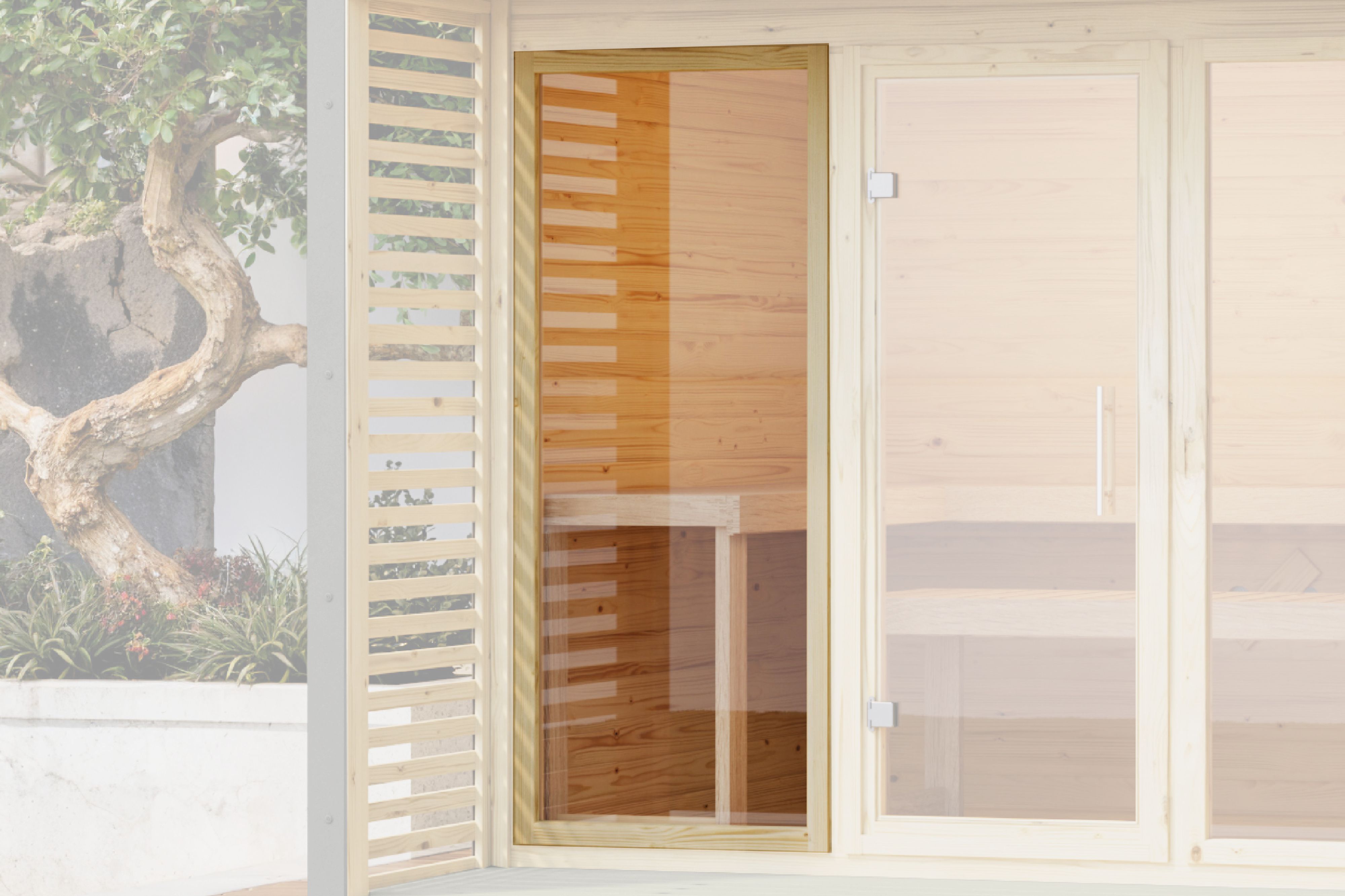 Karibu Saunafenster 191x82 cm klarglas für 38mm Saunen aus Holz, im Garten aufgebaut