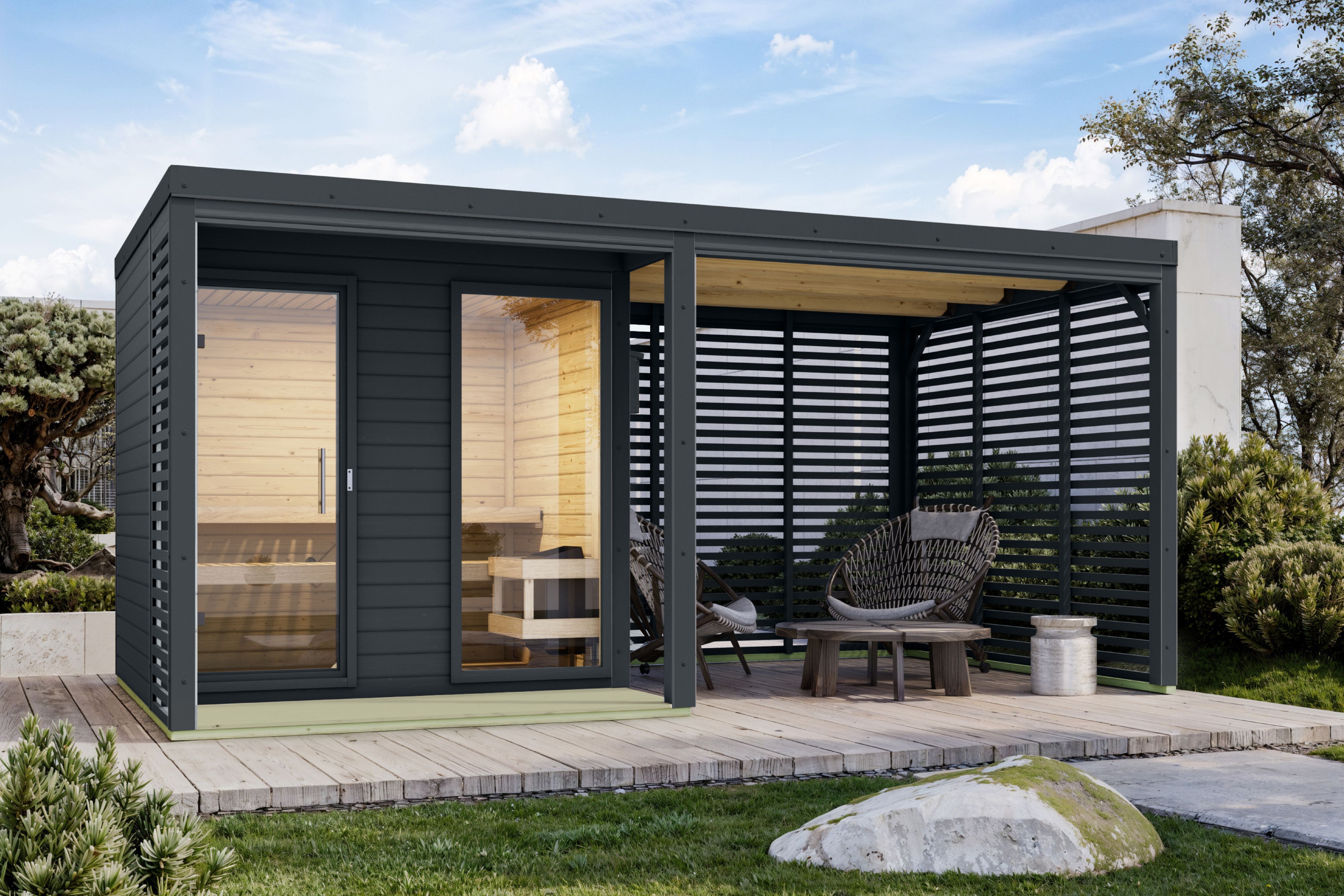Karibu Saunahaus Ares 2 mit 2,70 m Anbaudach als Gartensauna aus Massivholz im Garten mit Glasfront
