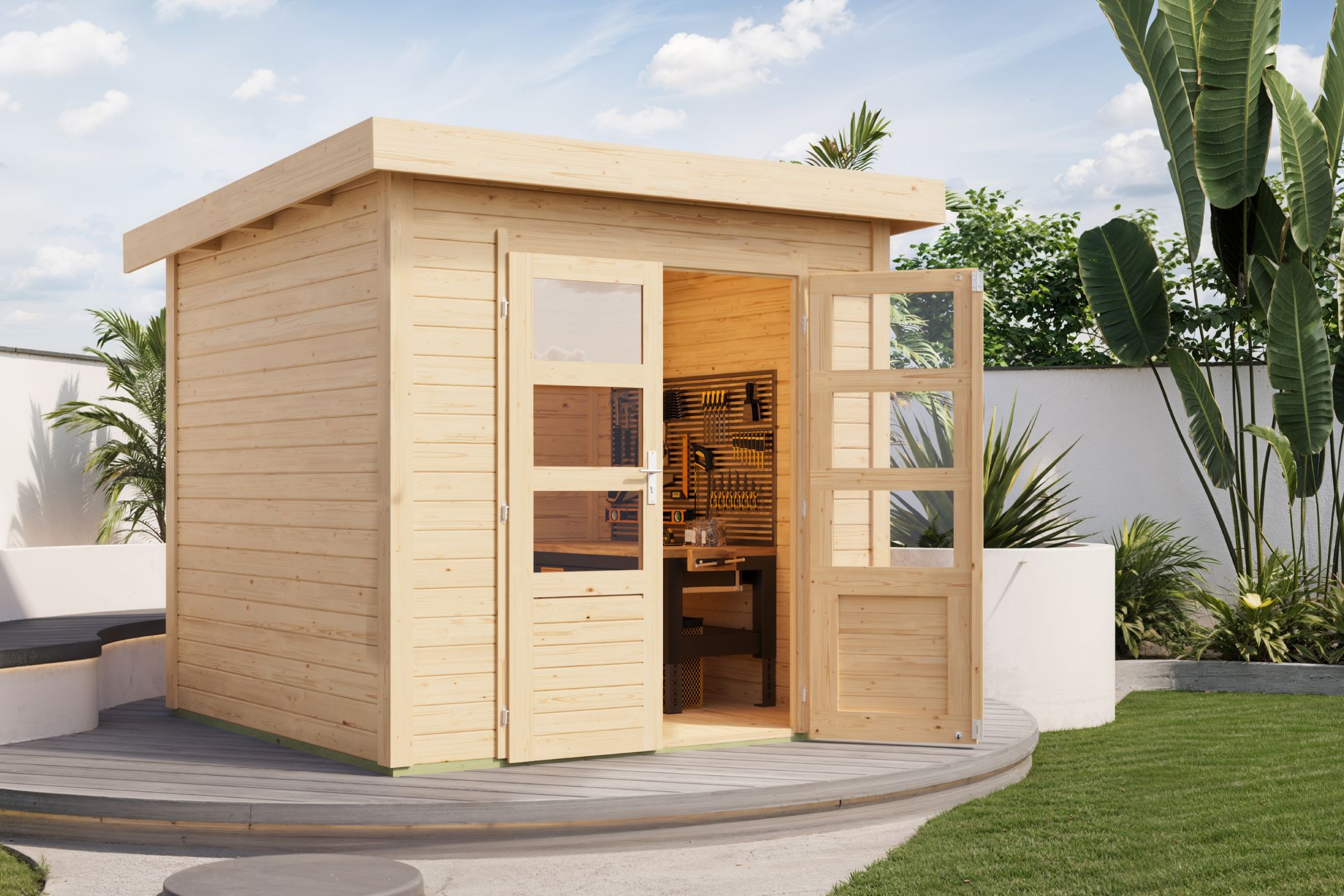 Karibu Gartenhaus Kolbin 2 XXL (Extra hohe Tür) in Naturbelassen im Garten