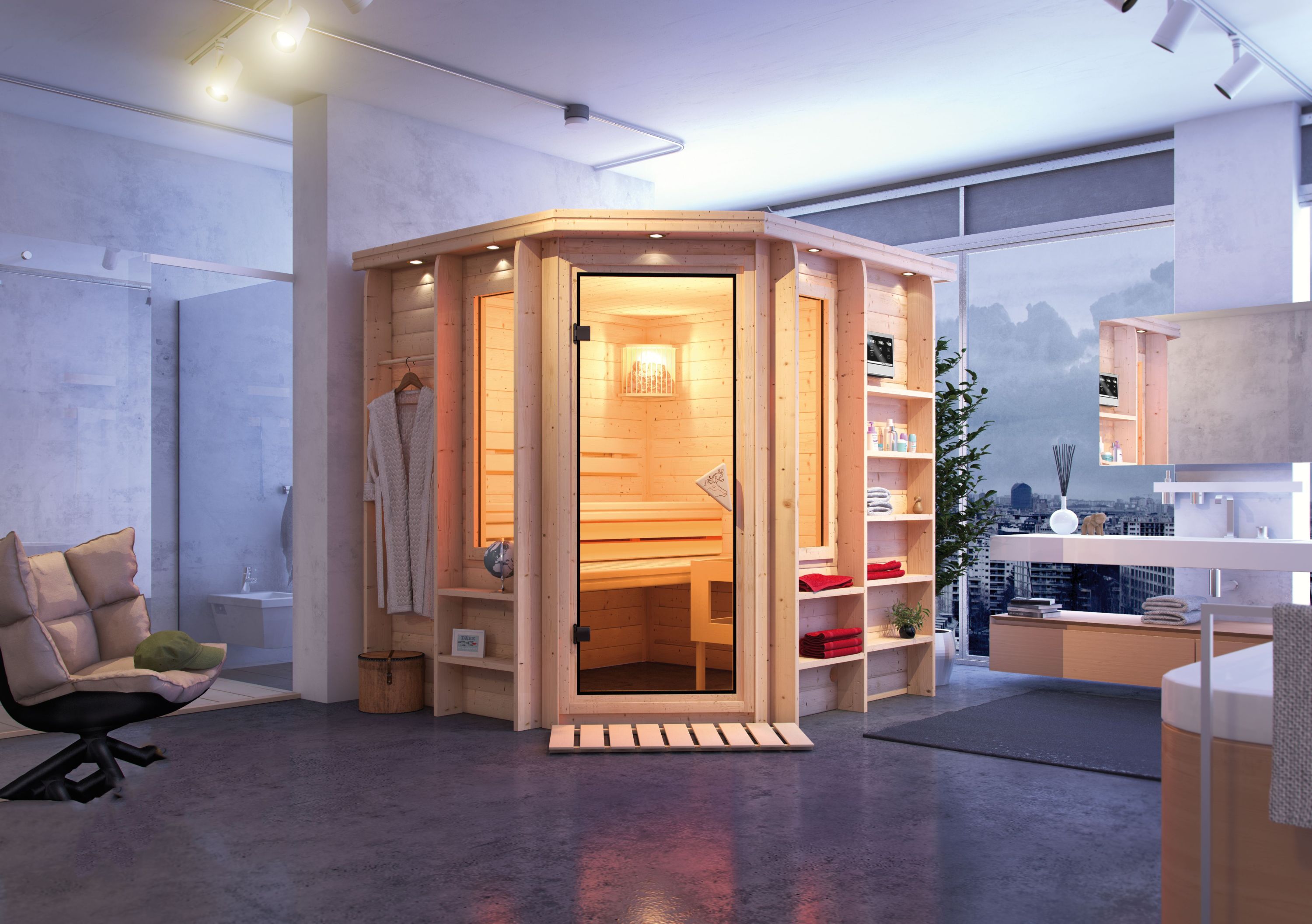 Detailansicht einer Karibu Sauna aus nordischer Fichte