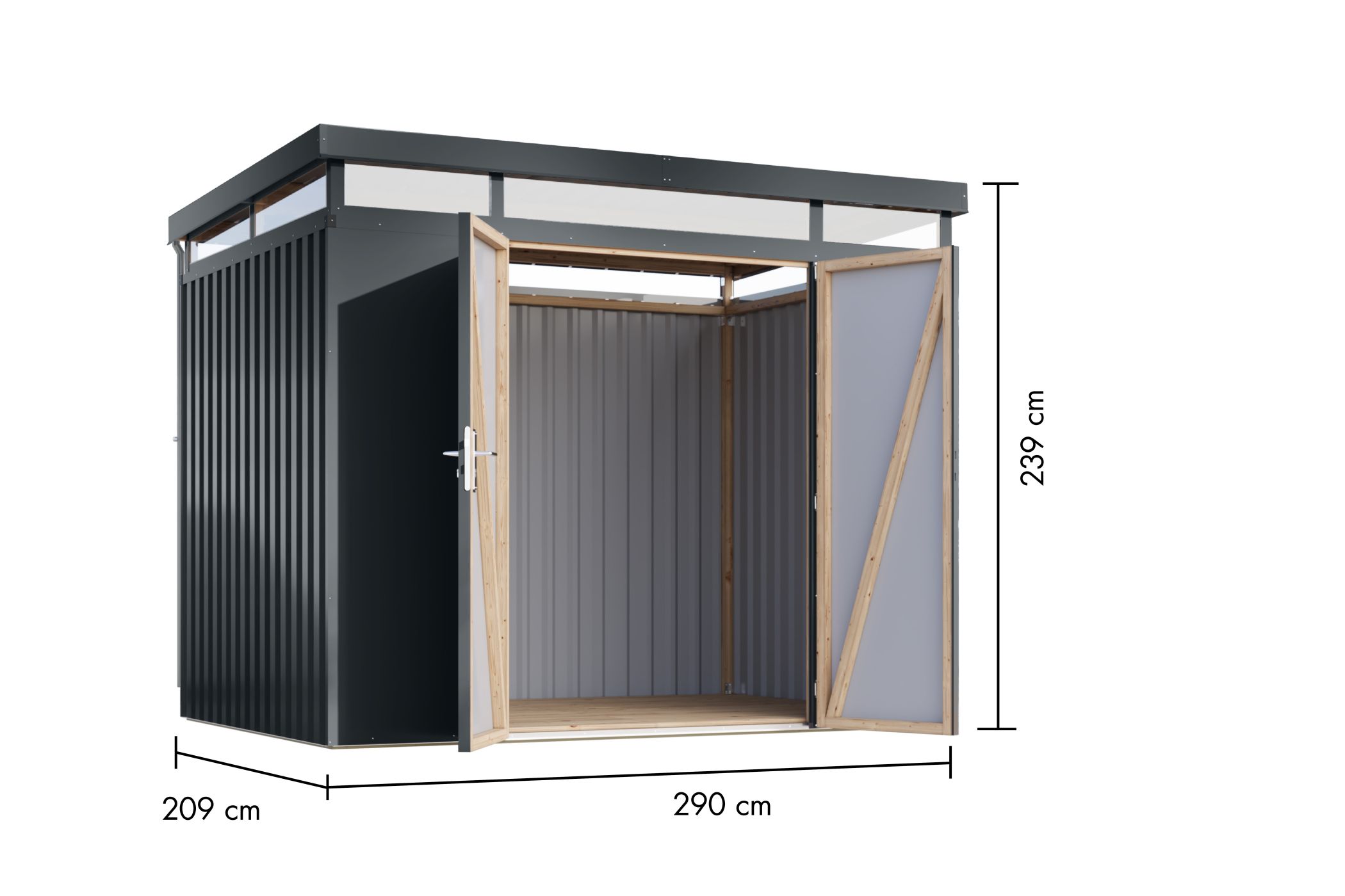 Bemaßte Maßzeichnung des Karibu Gerätehaus aus Metall Aurum 3, 290 × 209 cm
