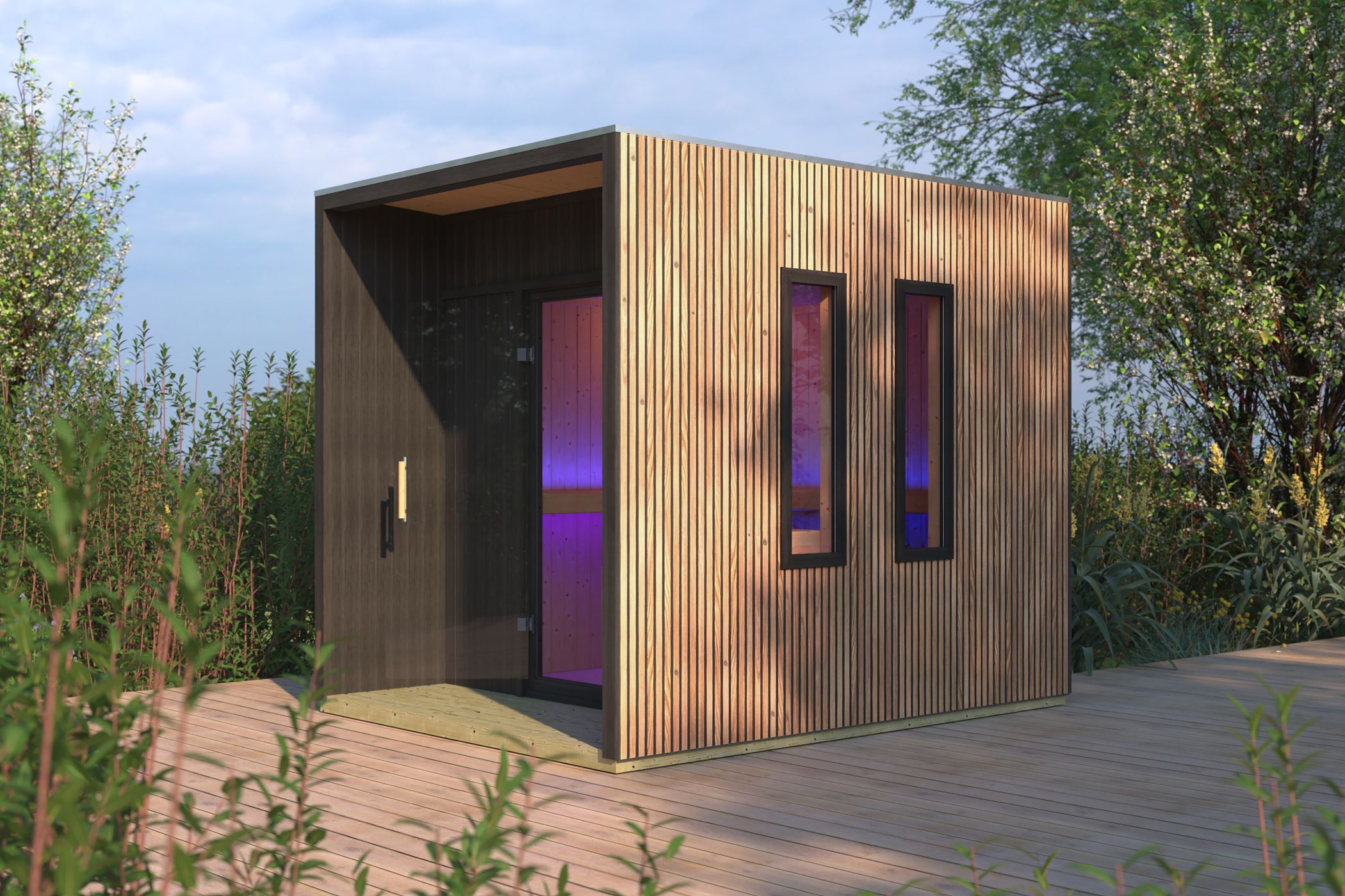 Karibu Saunahaus Laguna Douglasie als Gartensauna aus Massivholz im Garten mit Glasfront