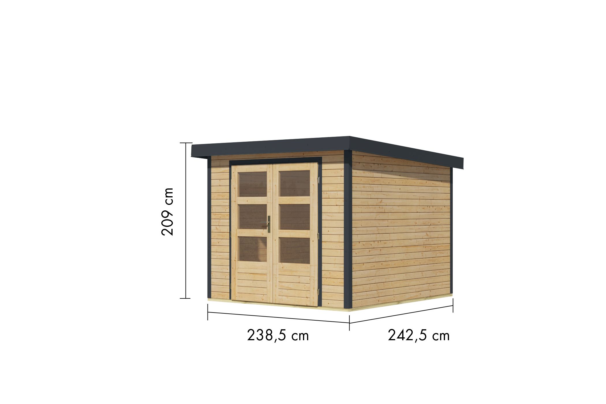 Bemaßte Maßzeichnung des Karibu Gartenhaus Holz & Metall Jupiter 3,5, 239 × 243 cm