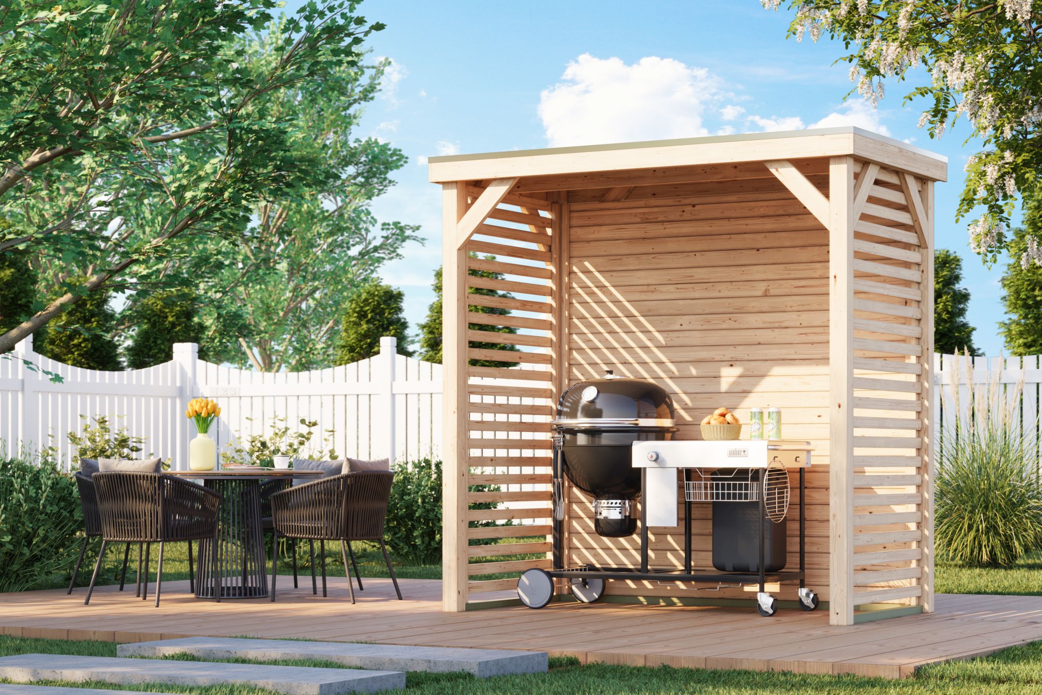 Karibu Cubeco Pavillon halb aus Leimholz mit Flachdach im Garten als Ambiente-Ansicht