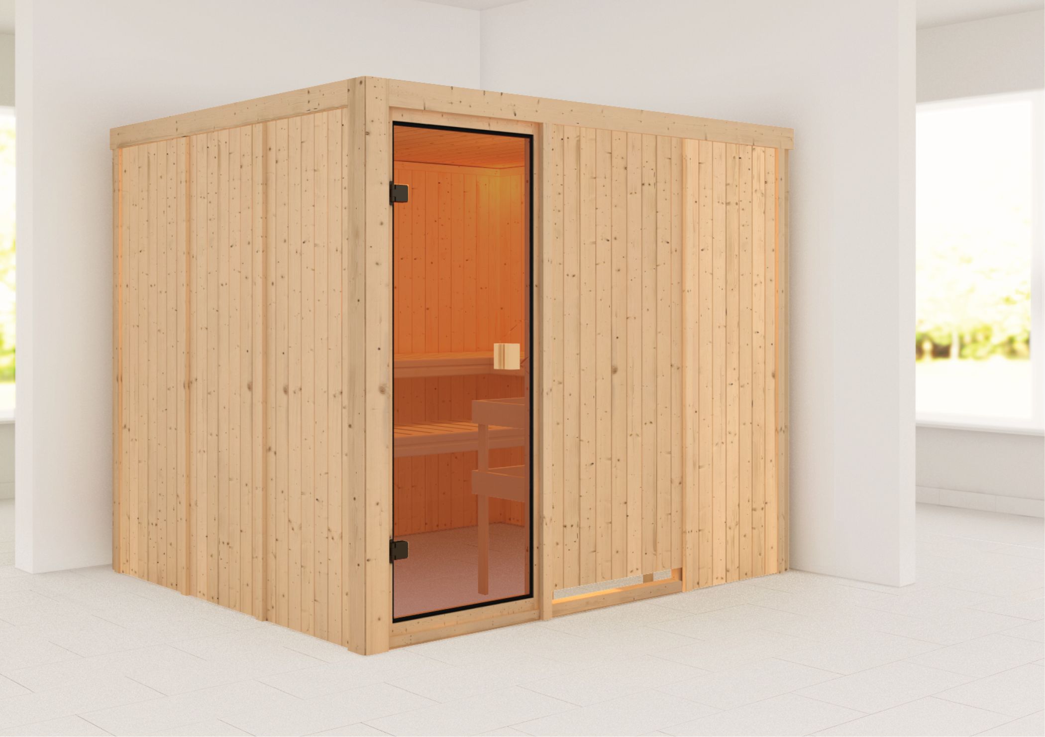 Außenansicht der Karibu Sauna Nybro aus nordischer Fichte mit Ganzglastür und Fronteinstieg