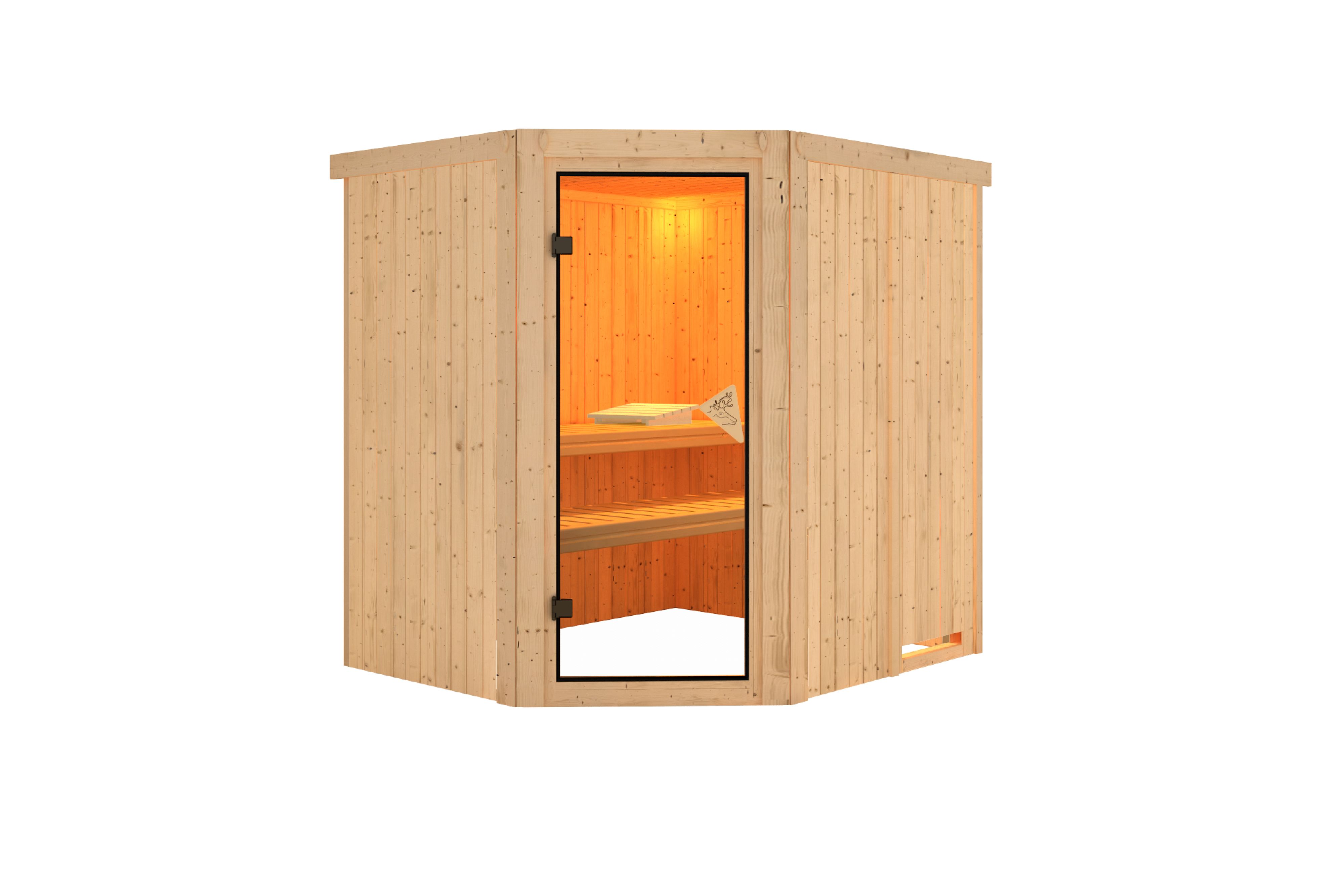 Innenansicht der Karibu Sauna Siirin mit Liegen und Kopfstütze aus hellem Espenholz