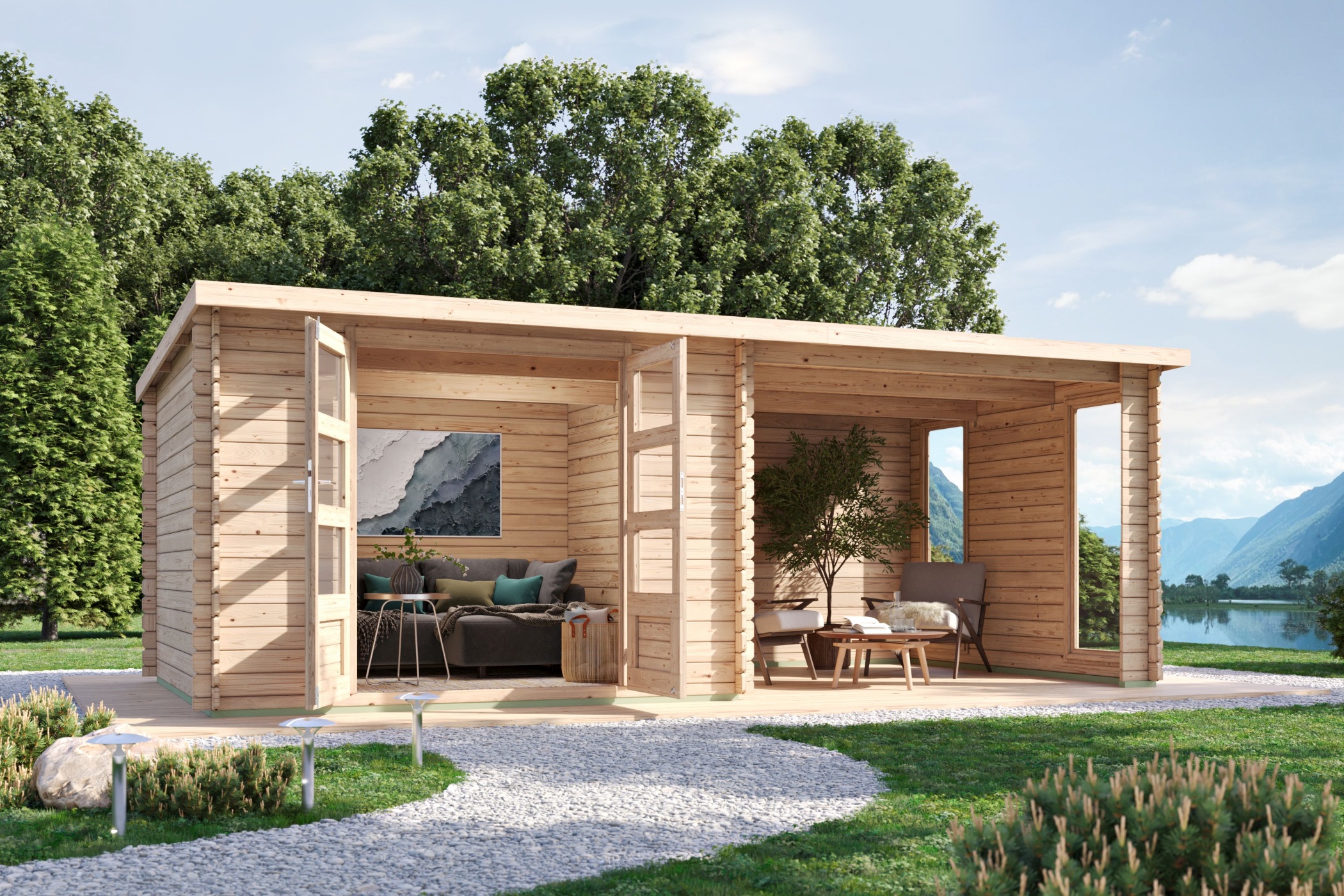 Produktbild eines Karibu Gartenprodukts aus Holz, im Garten aufgebaut